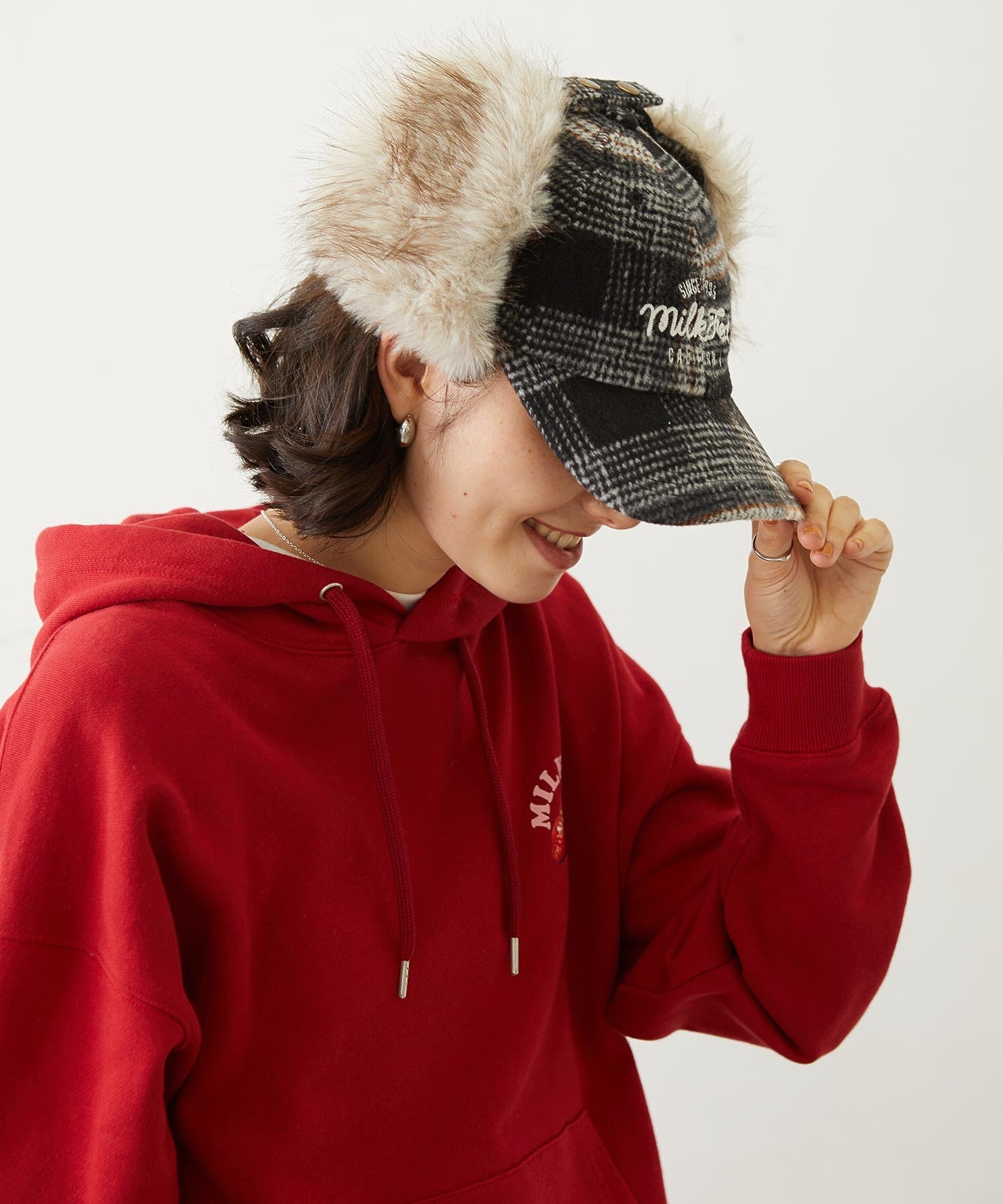 PLAID PATTERN FUR EAR FLAP