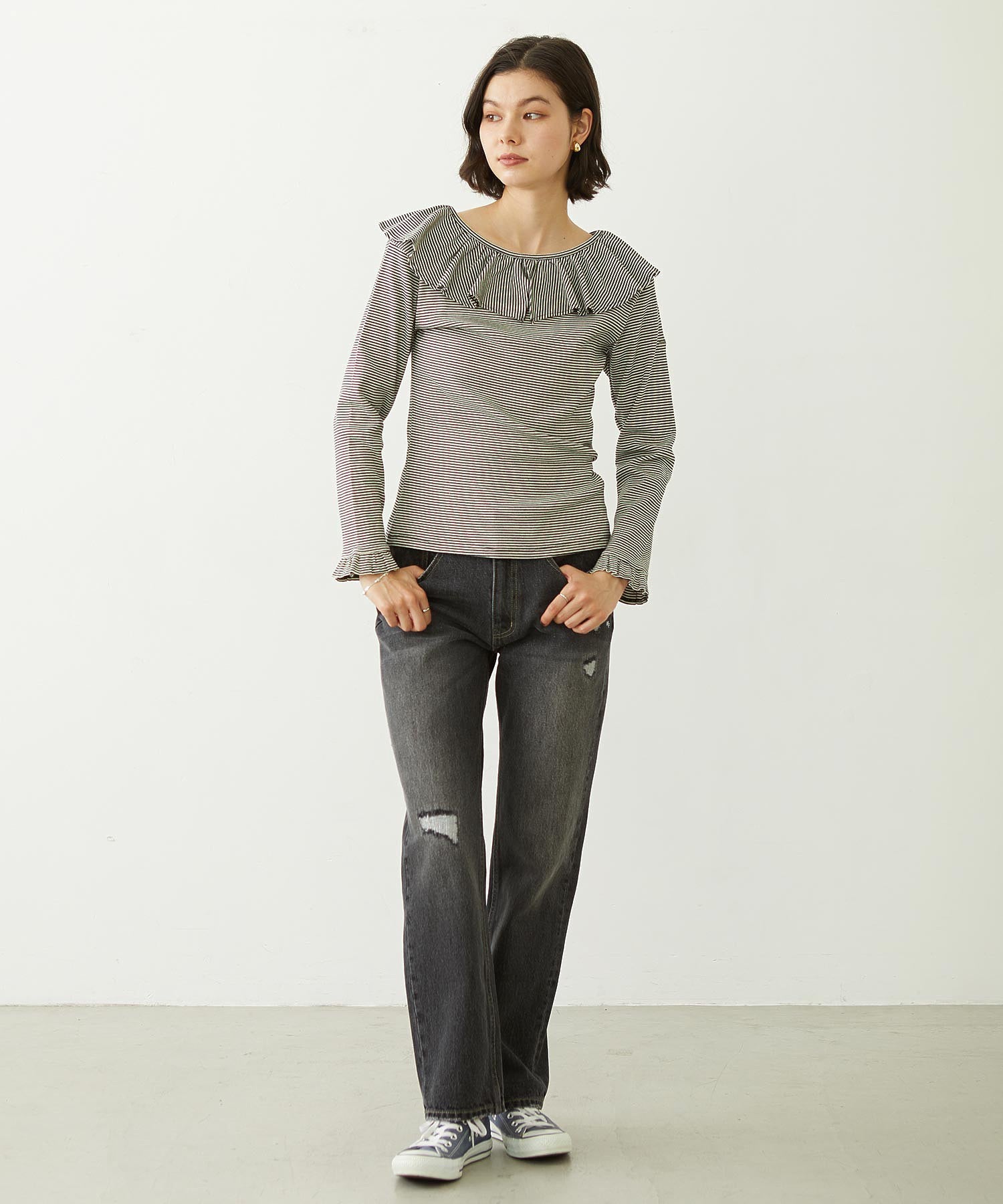2WAY RUFFLE COLLAR STRIPED L/S TOP