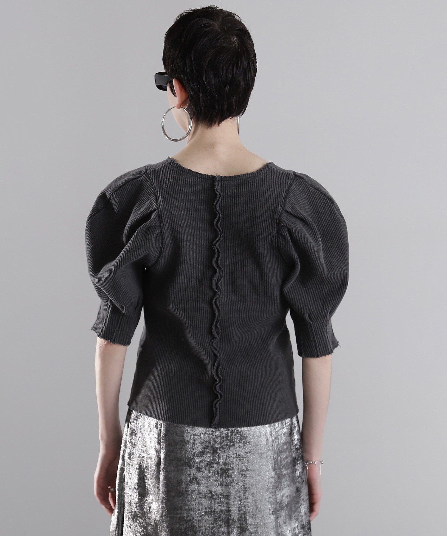 mici/ボリュームスリーブワッフルトップス