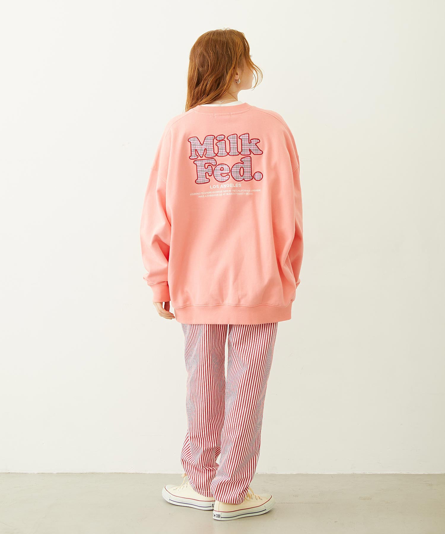 MILKFED. PLAID LOGO WIDE CREW SWEAT