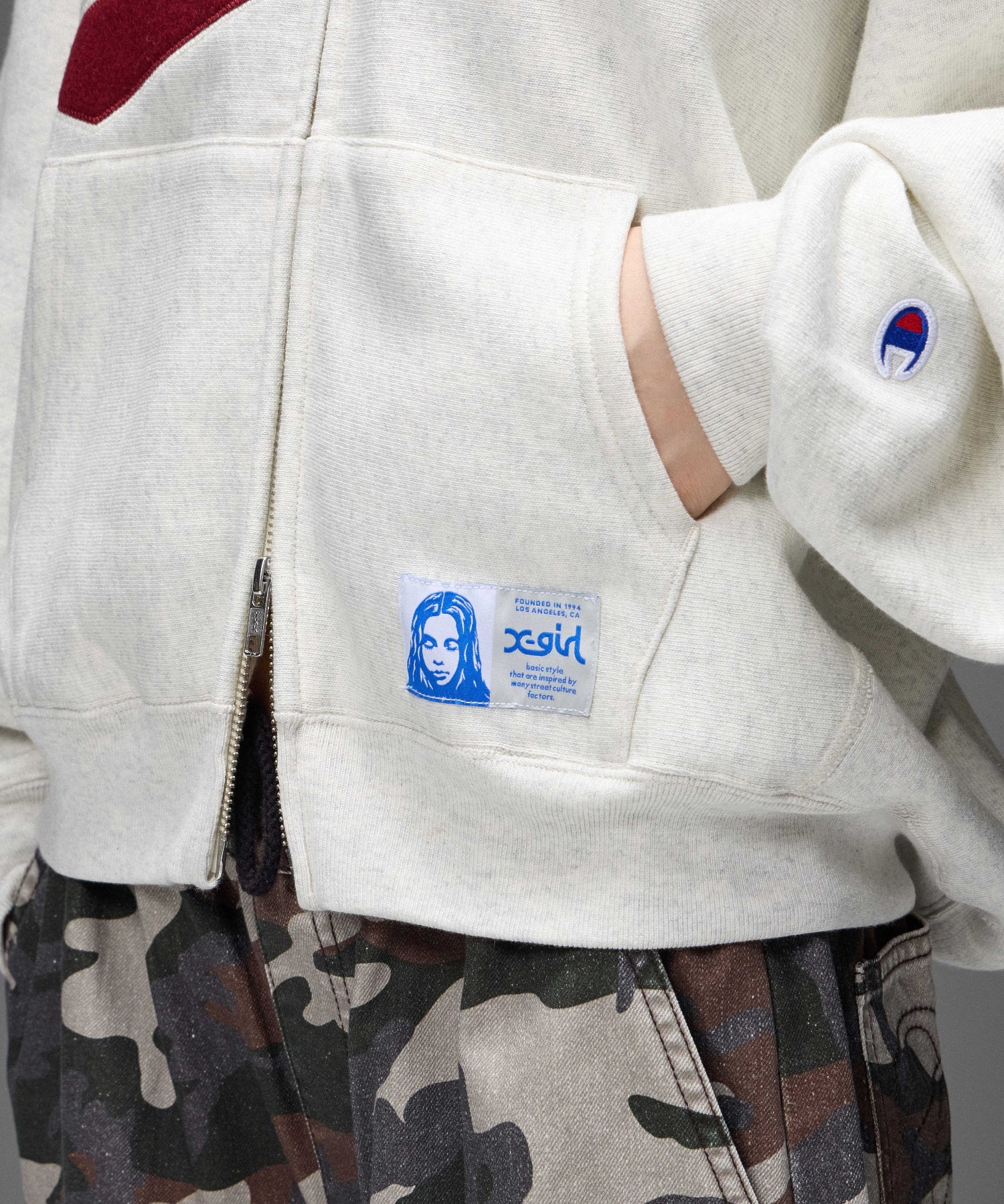X-girl x Champion REVERSE WEAVE® PATCHED LOGO ZIP UP HOODIE