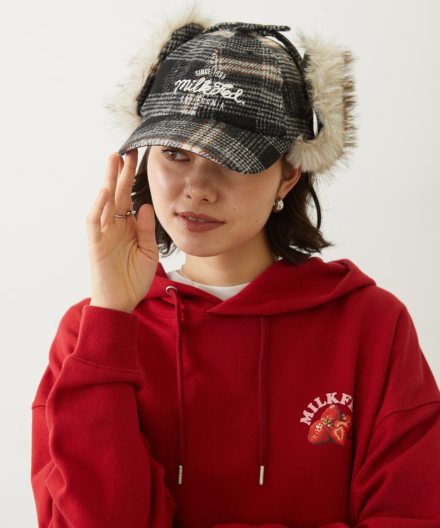 PLAID PATTERN FUR EAR FLAP