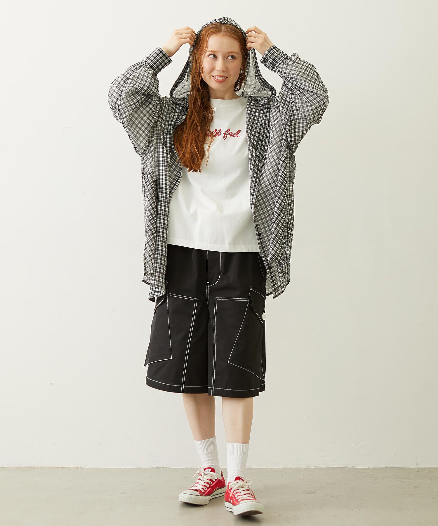 SHEER PLAID HOODED TOP