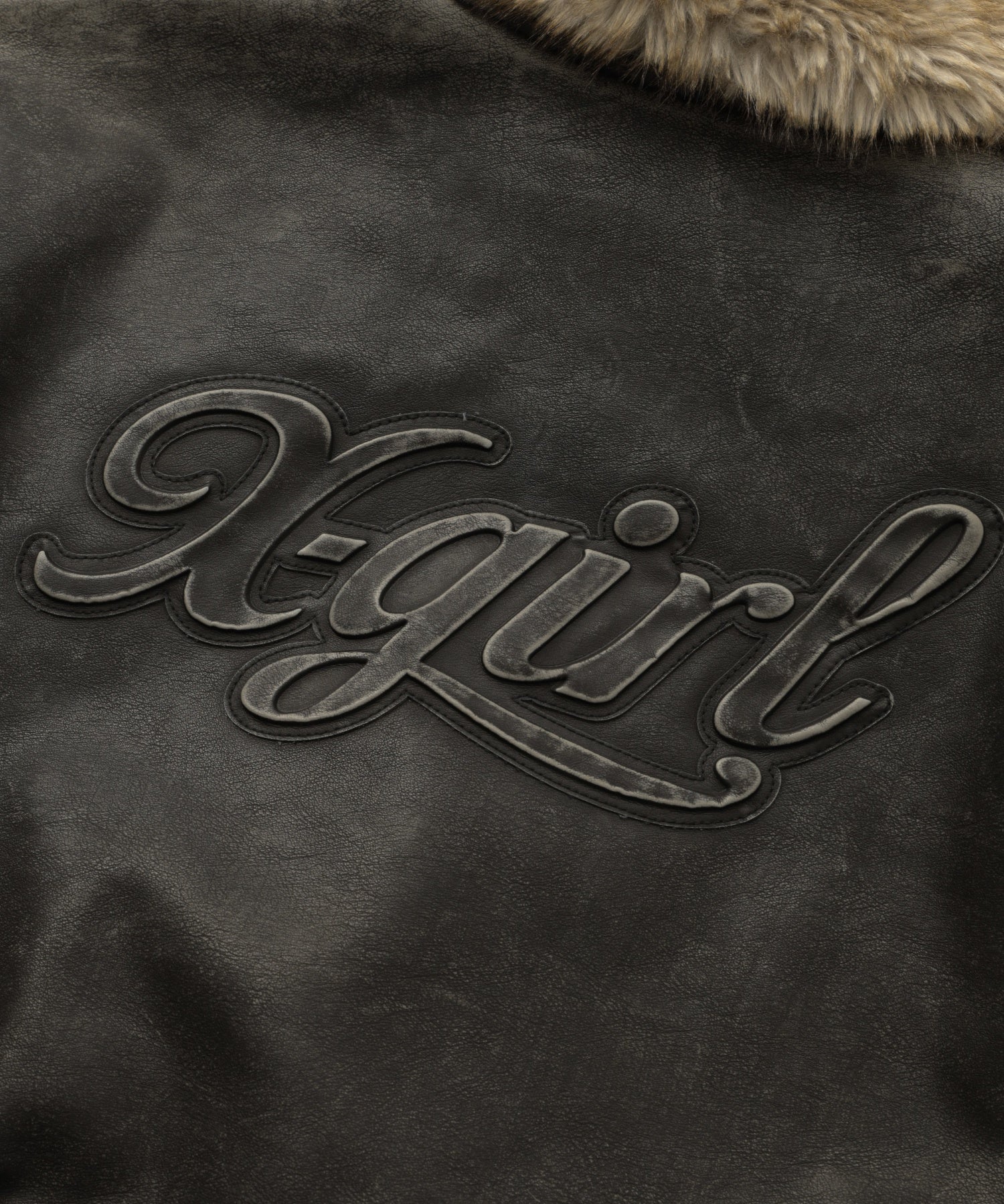 EMBOSSED LOGO PATCH DISTRESSED FAUX LEATHER JACKET