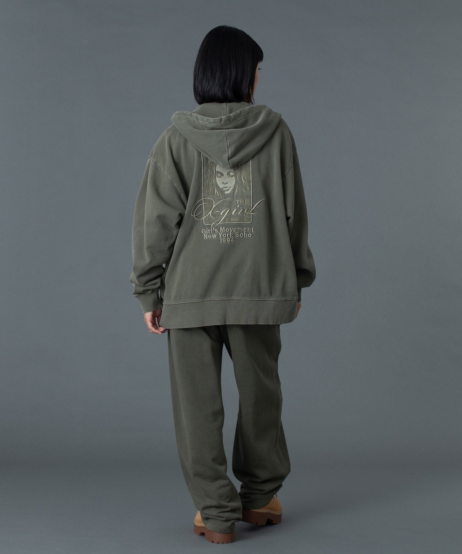 PIGMENT DYED FACE AND LOGO SQUARE PATCH ZIP UP SWEAT HOODIE