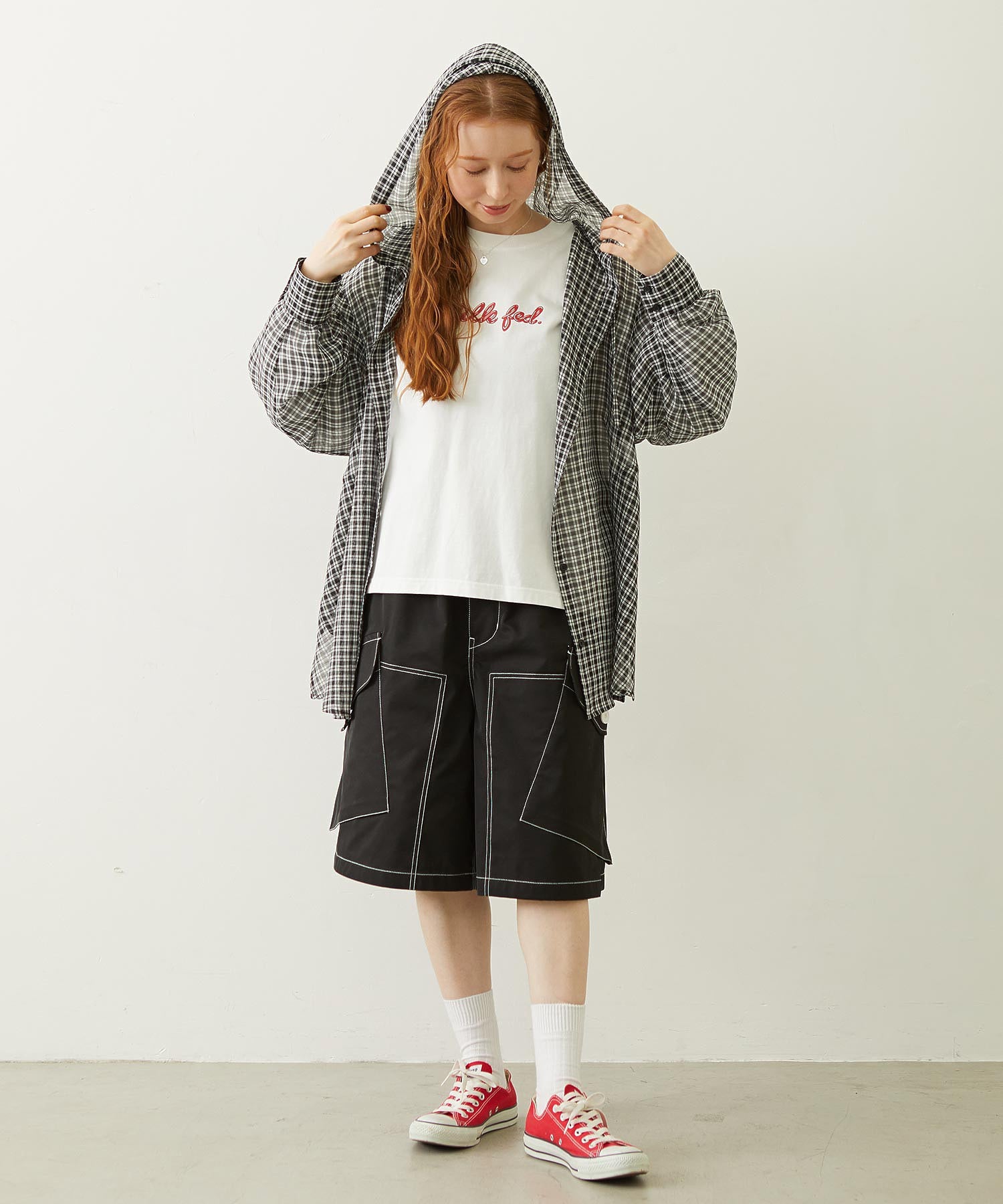SHEER PLAID HOODED TOP
