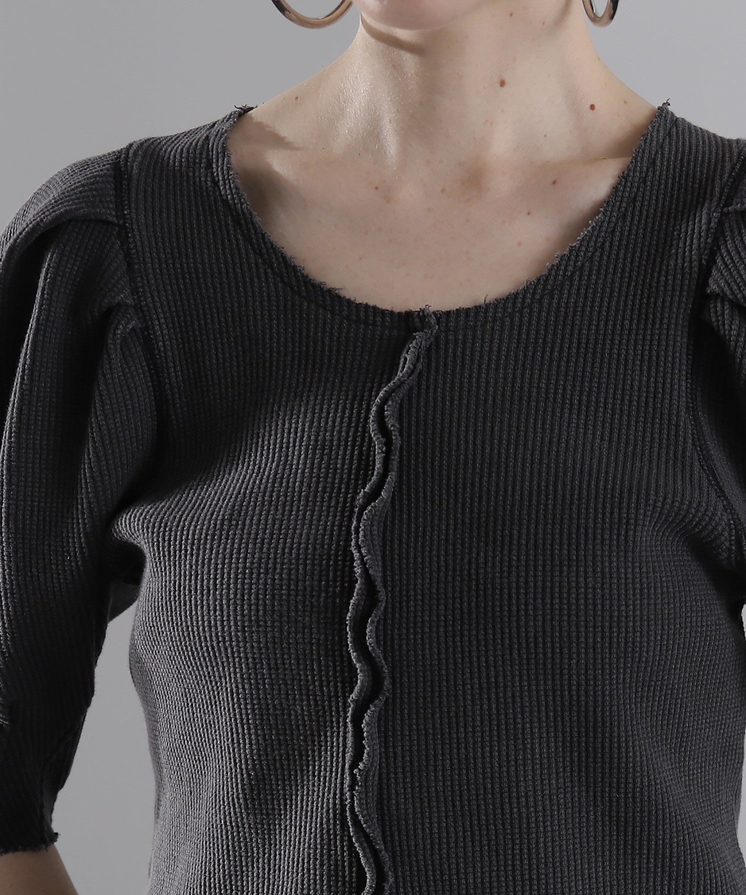 mici/ボリュームスリーブワッフルトップス