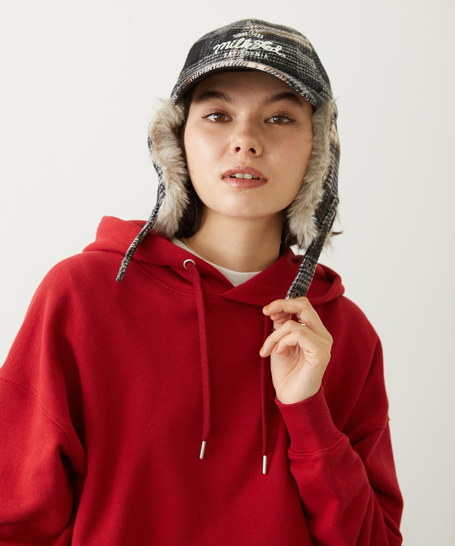 PLAID PATTERN FUR EAR FLAP