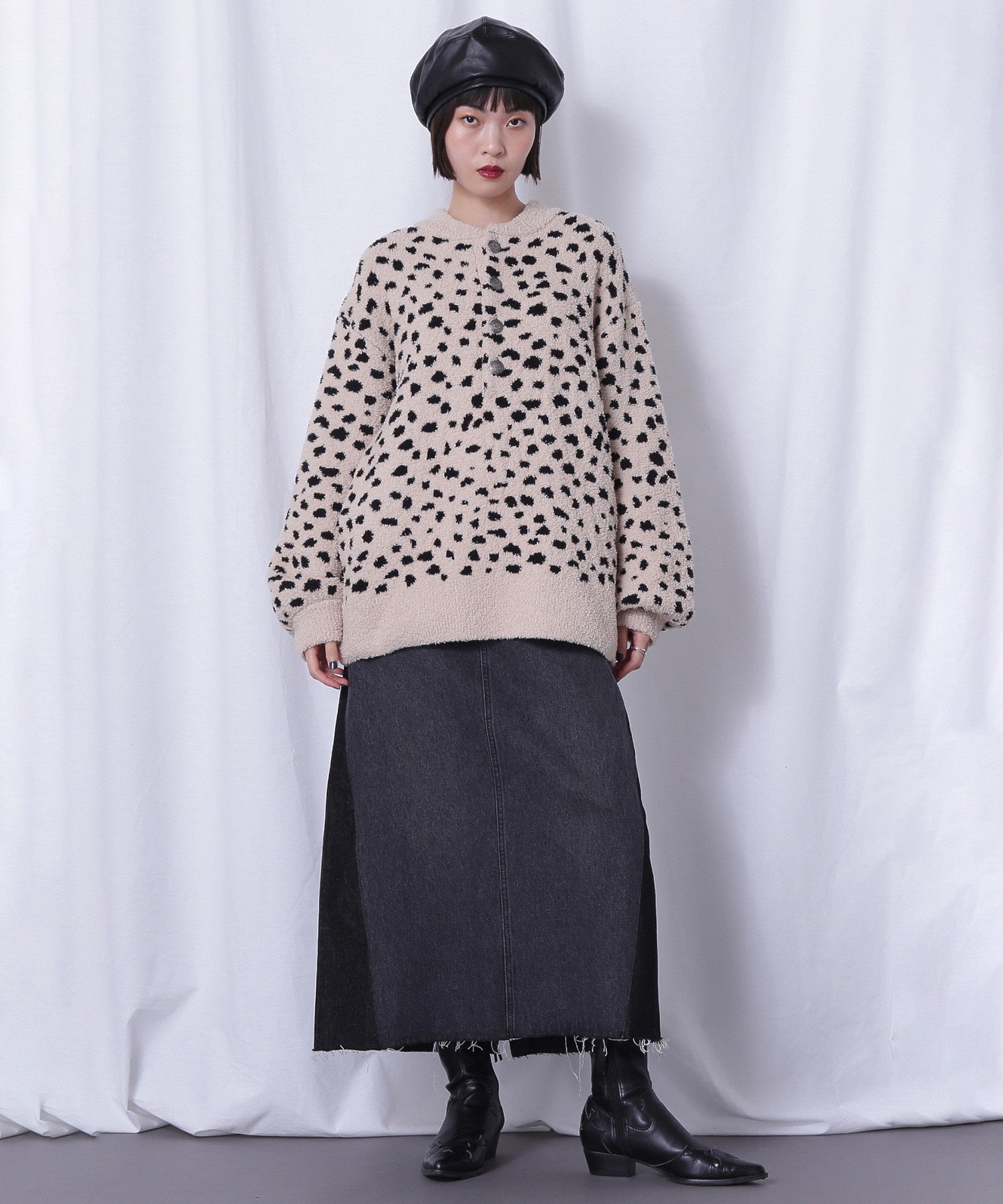 コンチョボタン モコモコ ヘンリーネックトップス