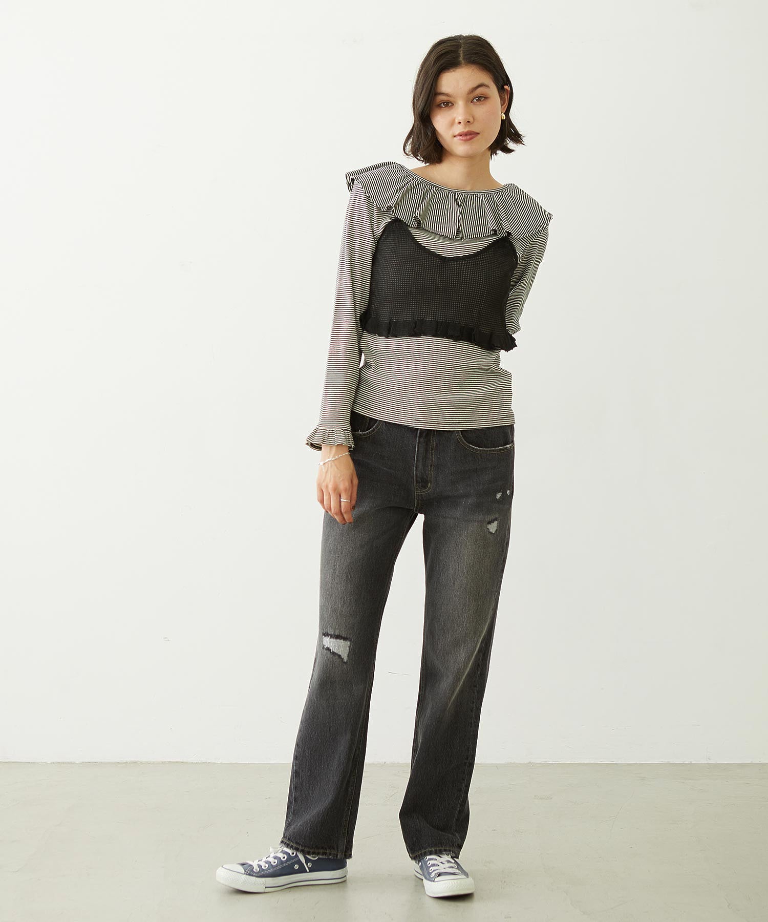 2WAY RUFFLE COLLAR STRIPED L/S TOP