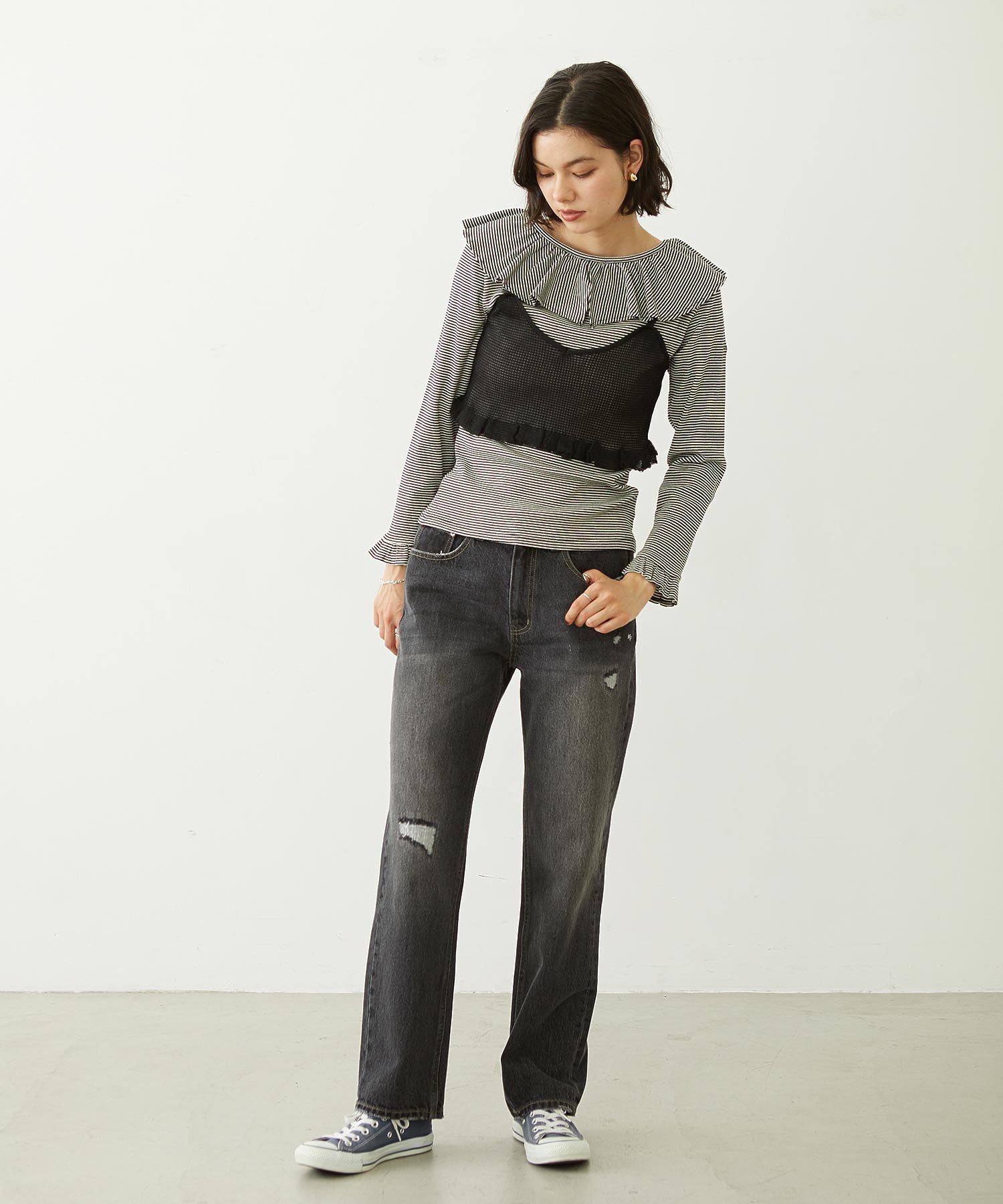 2WAY RUFFLE COLLAR STRIPED L/S TOP