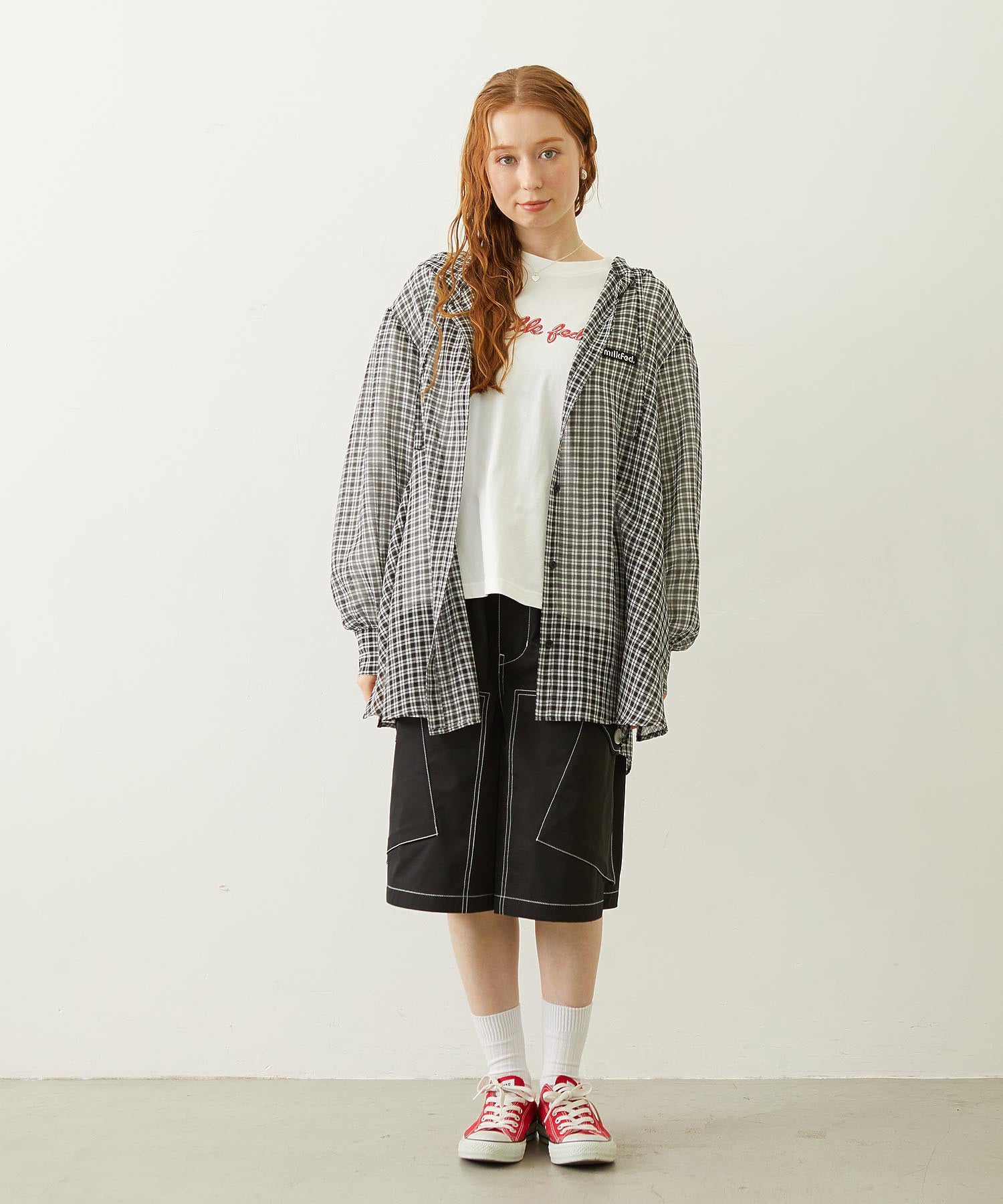 SHEER PLAID HOODED TOP