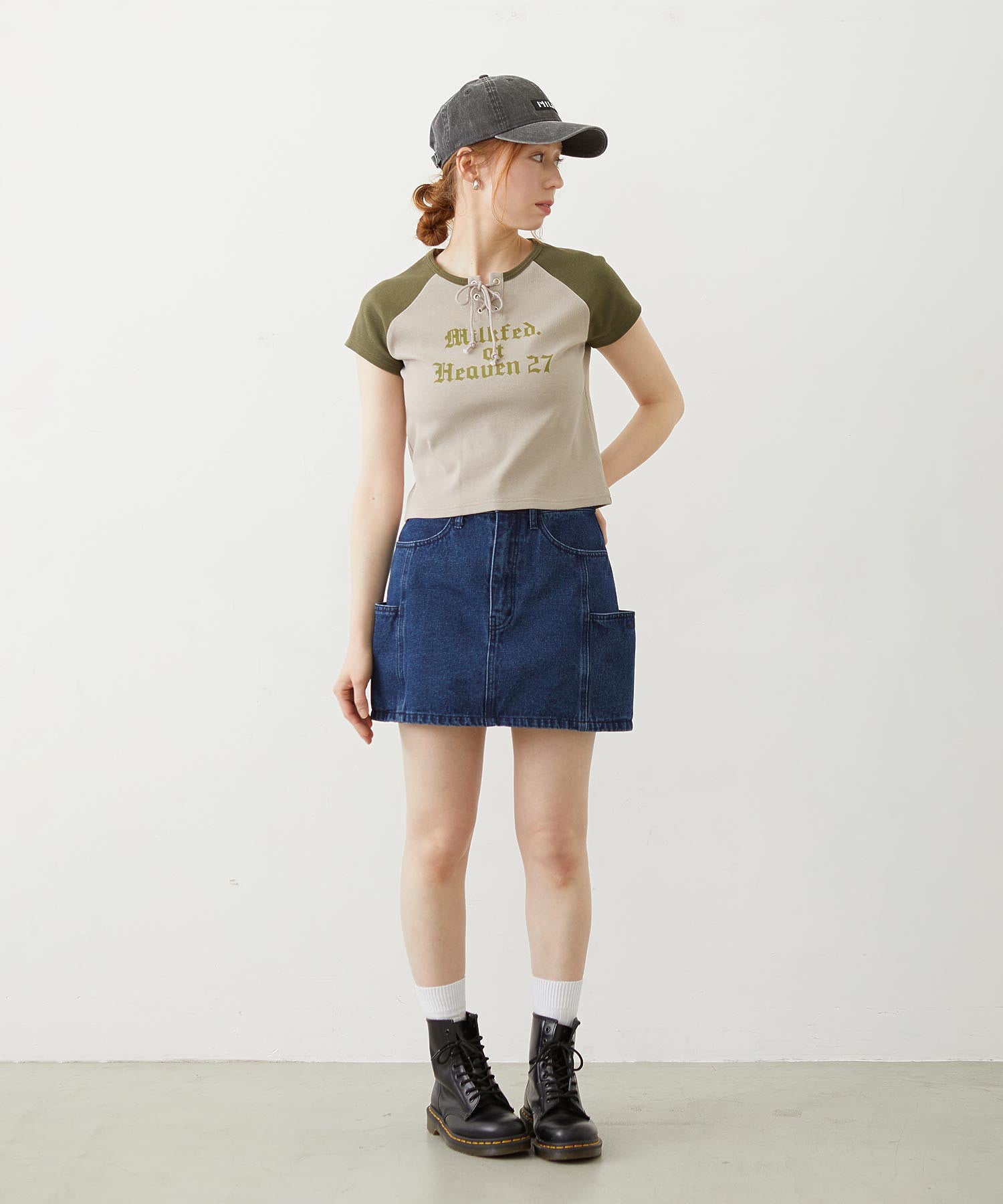 PANELED POCKET DENIM MINI SKIRT