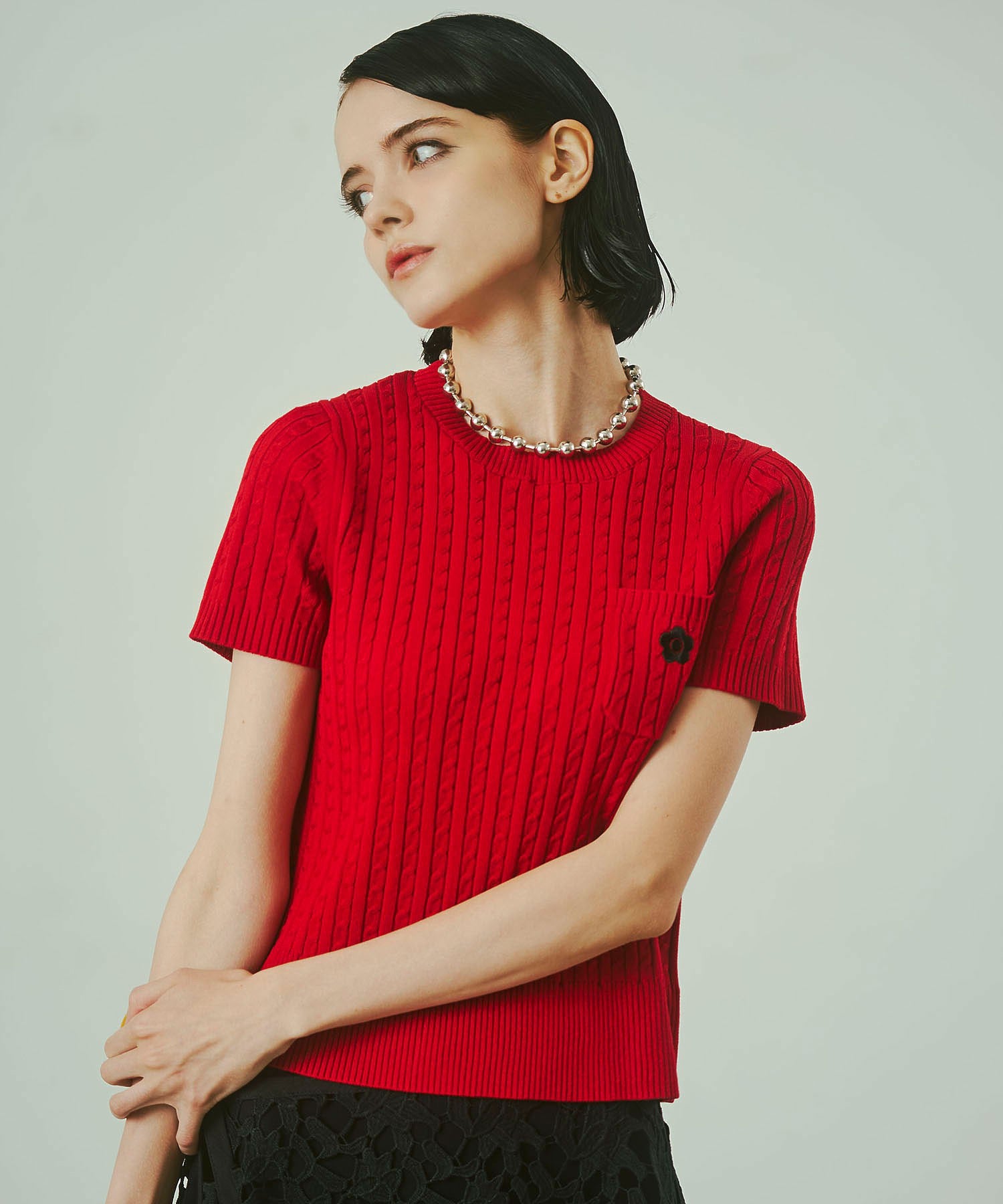【レッドROSE BUD別注カラー】MARY QUANT/CABLE HALF SLEEVE KNIT