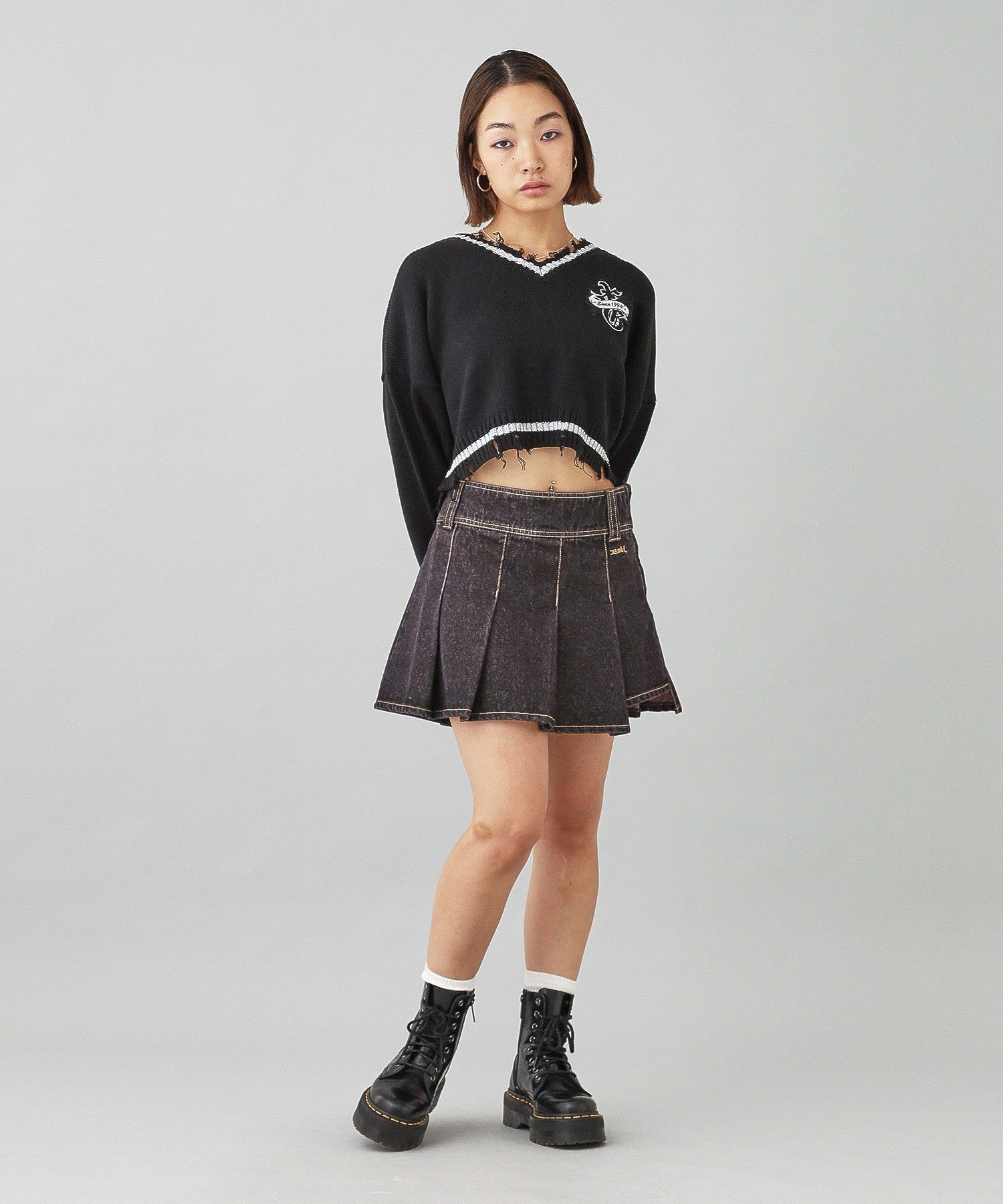 PLEATED DENIM MINI SKIRT