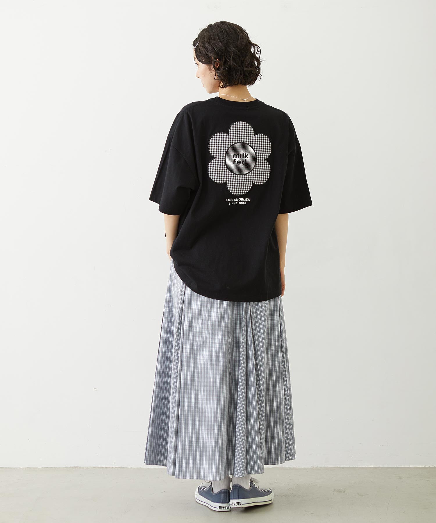CUT OUT LOGO GINGHAM FLOWER WIDE S/S TEE