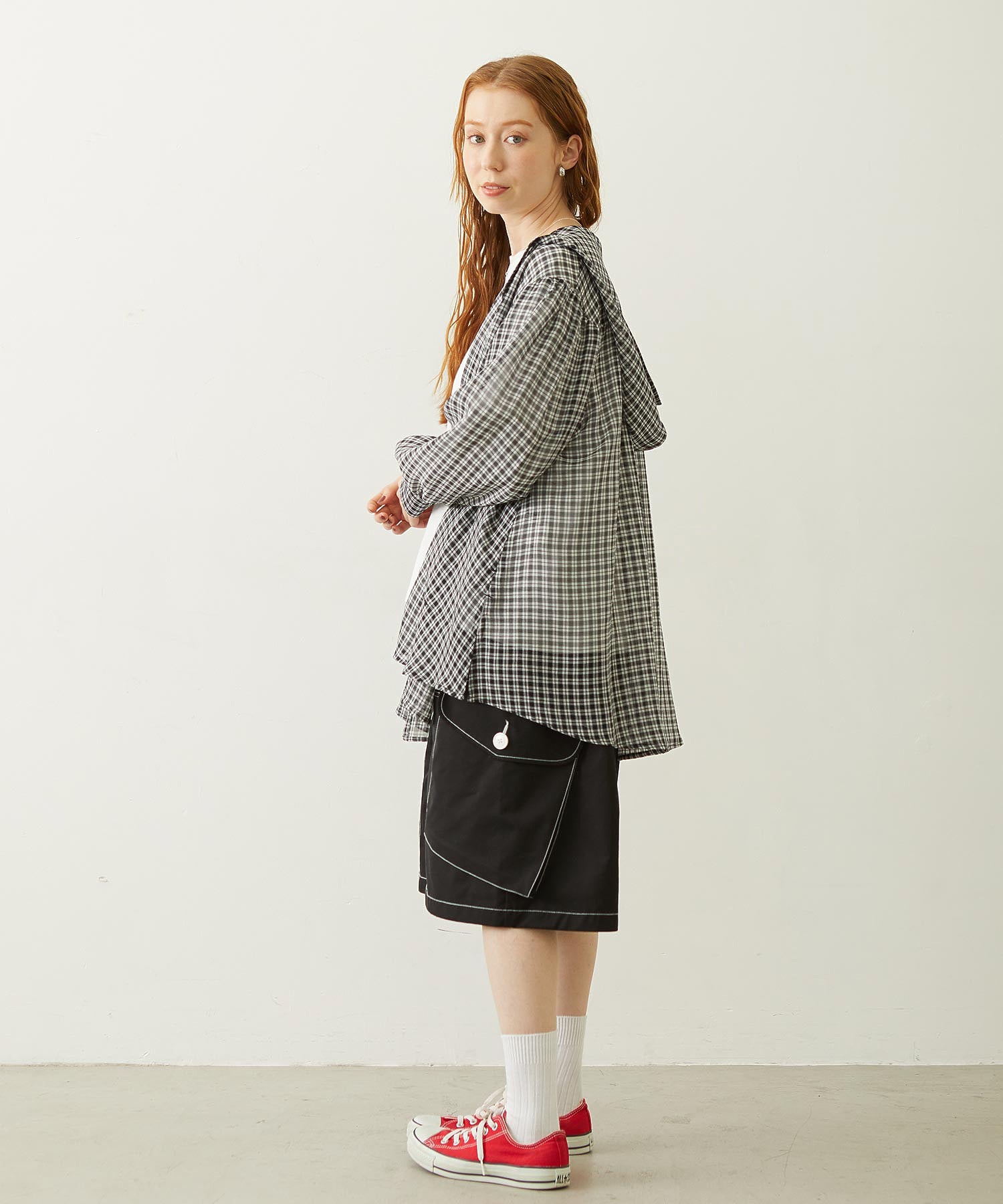 SHEER PLAID HOODED TOP