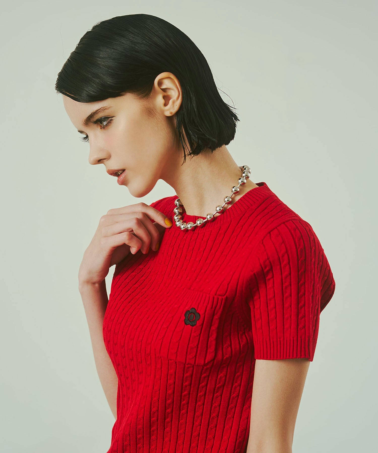 【レッドROSE BUD別注カラー】MARY QUANT/CABLE HALF SLEEVE KNIT