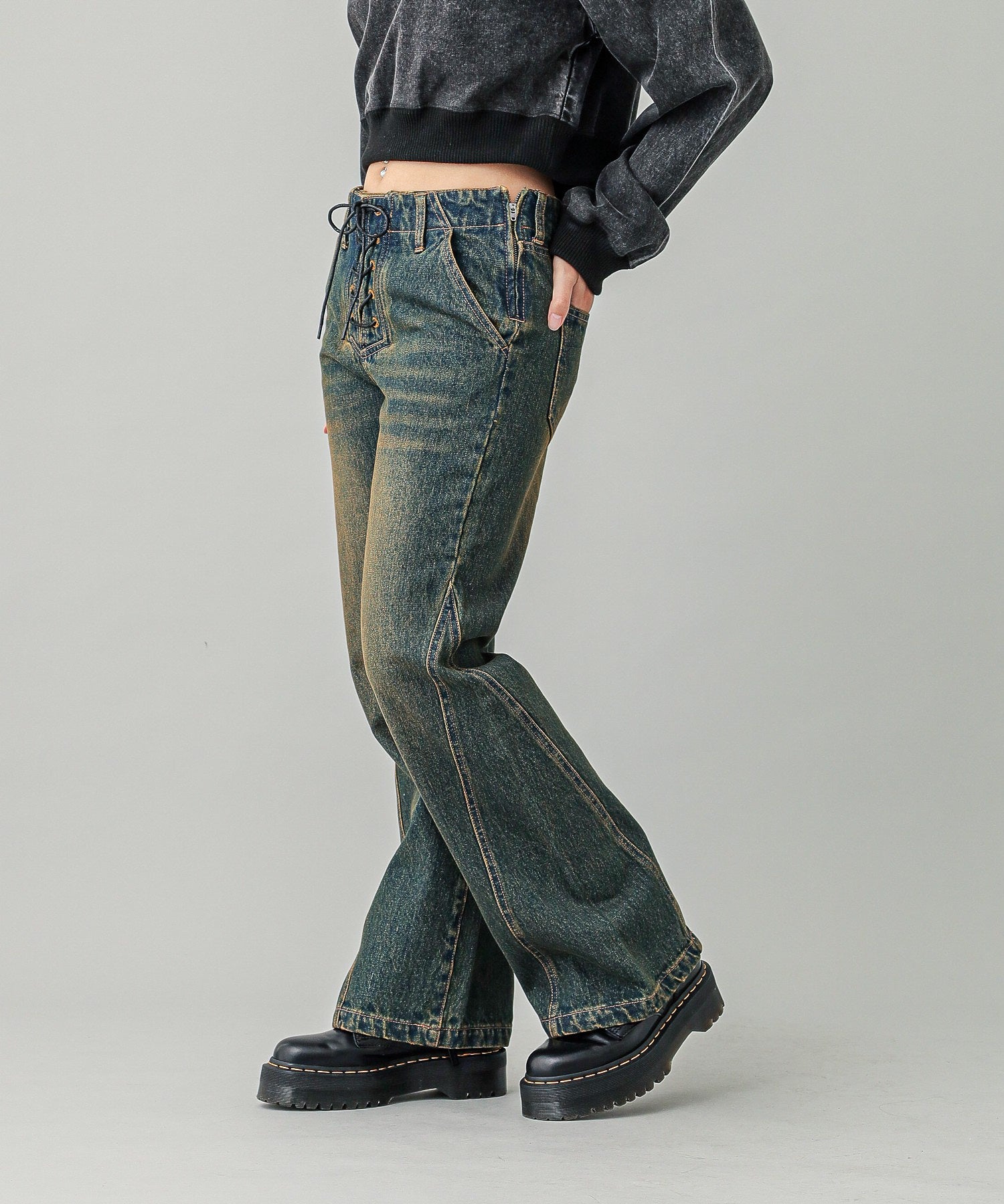 LACE UP DENIM PANTS