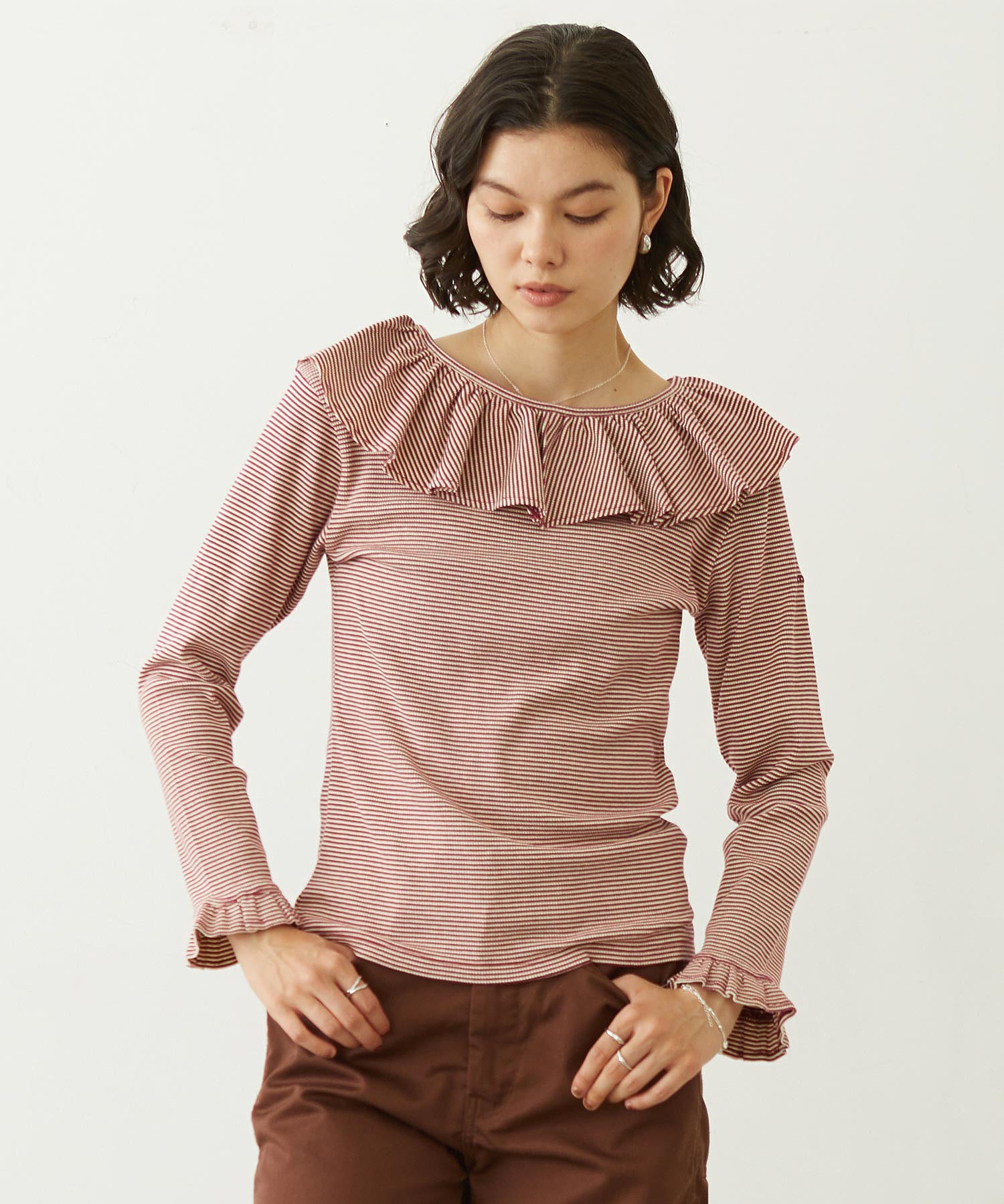 2WAY RUFFLE COLLAR STRIPED L/S TOP