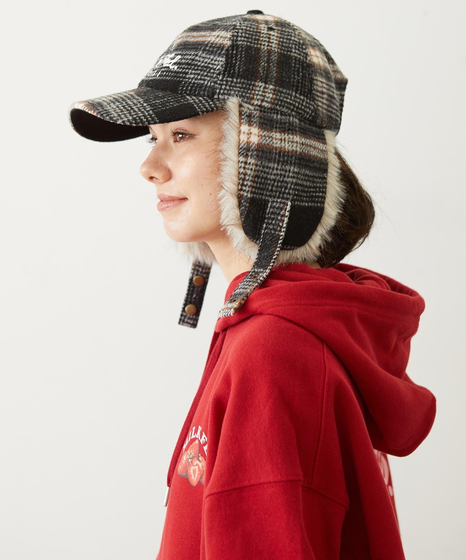 PLAID PATTERN FUR EAR FLAP
