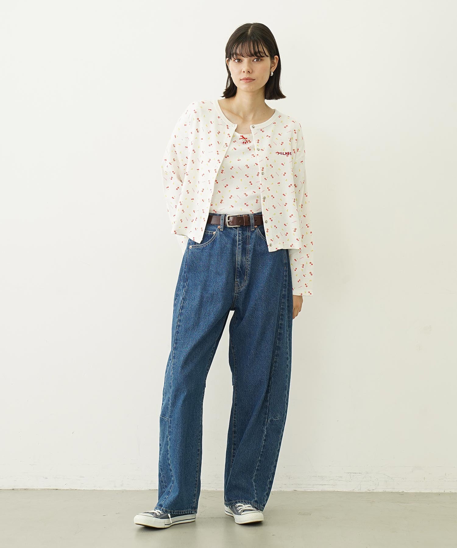 CHERRY PATTERN WAFFLE PUFF SLEEVES TOP