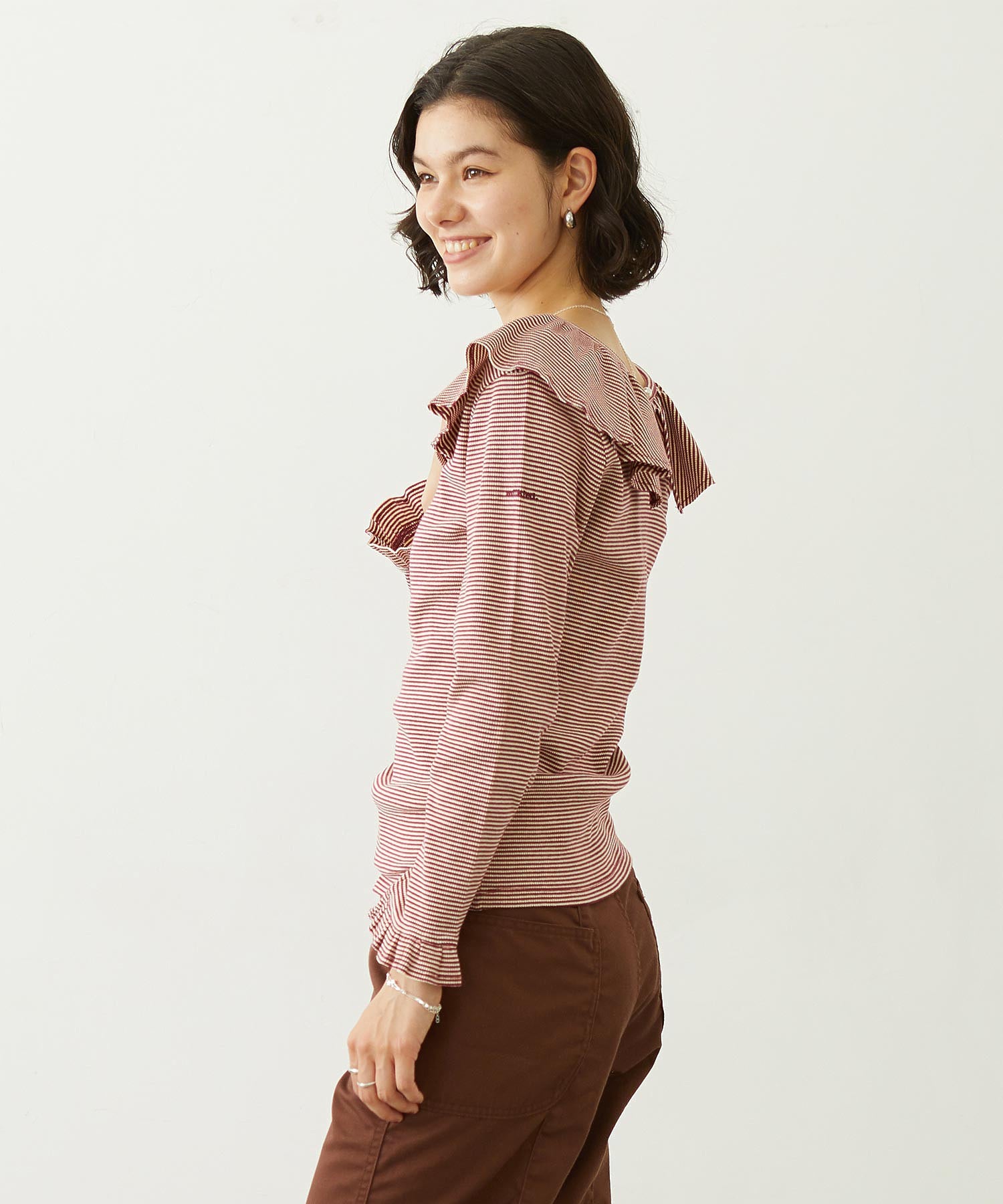 2WAY RUFFLE COLLAR STRIPED L/S TOP