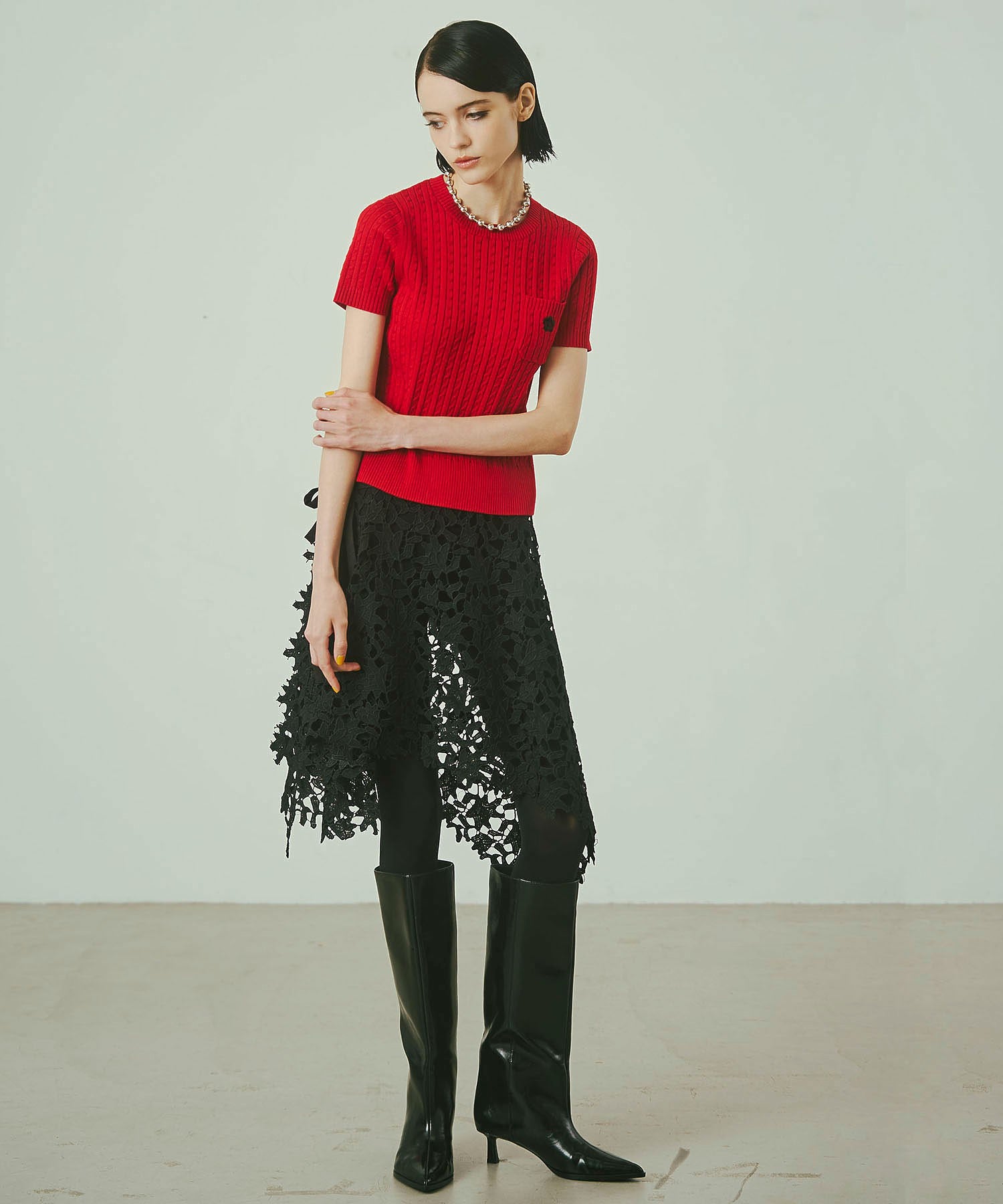 【レッドROSE BUD別注カラー】MARY QUANT/CABLE HALF SLEEVE KNIT