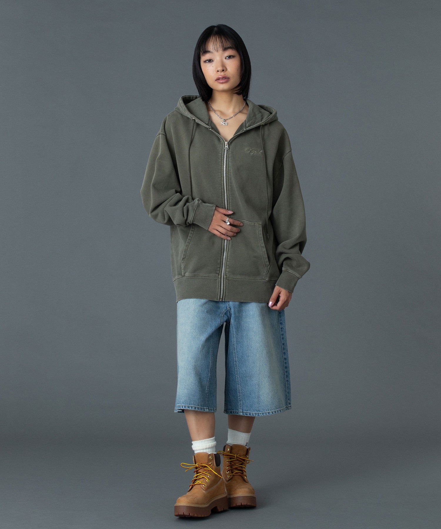 PIGMENT DYED FACE AND LOGO SQUARE PATCH ZIP UP SWEAT HOODIE