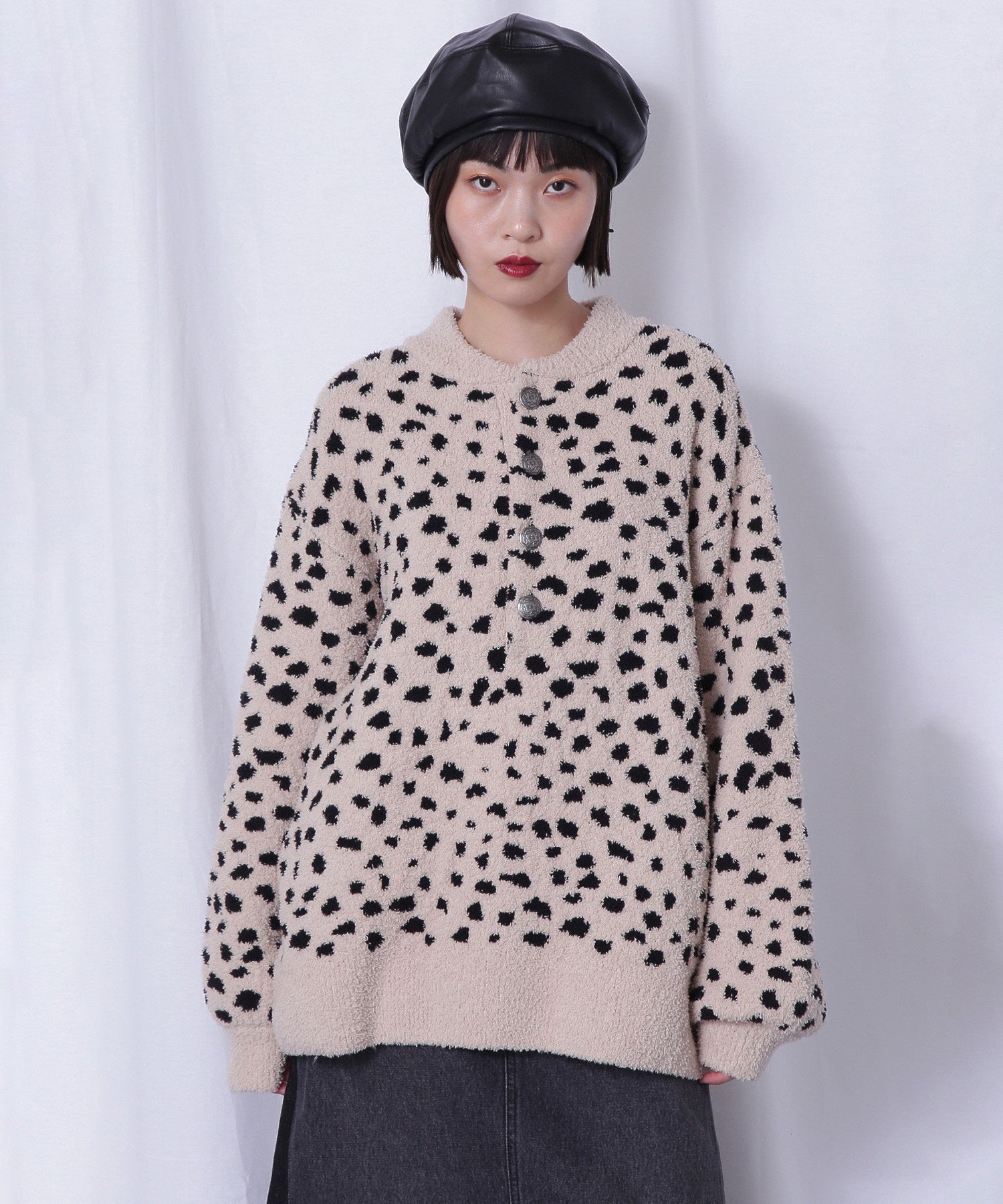 コンチョボタン モコモコ ヘンリーネックトップス