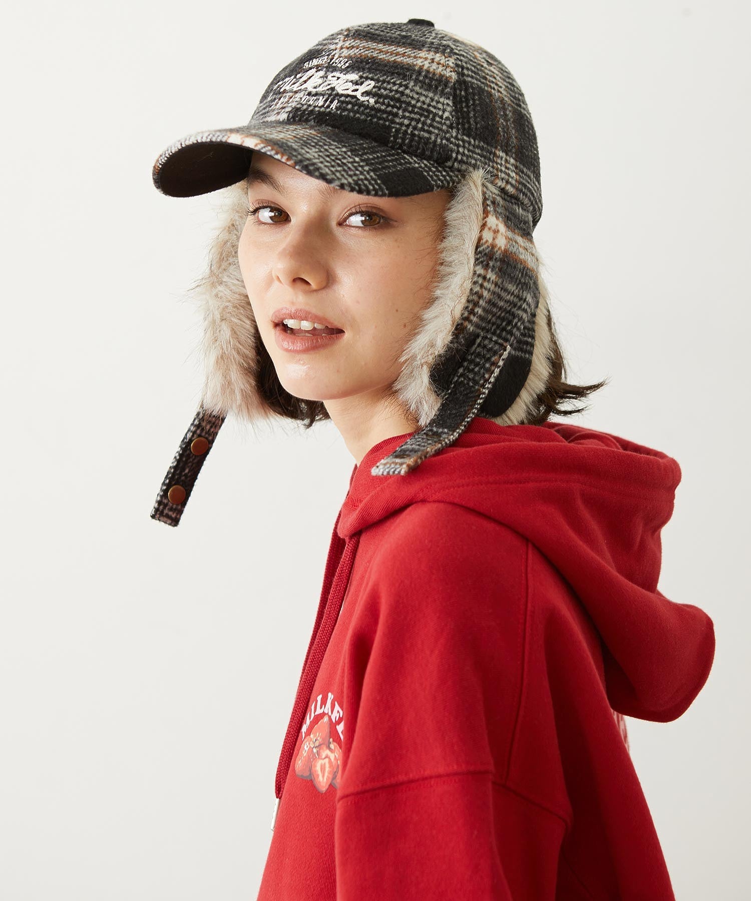 PLAID PATTERN FUR EAR FLAP