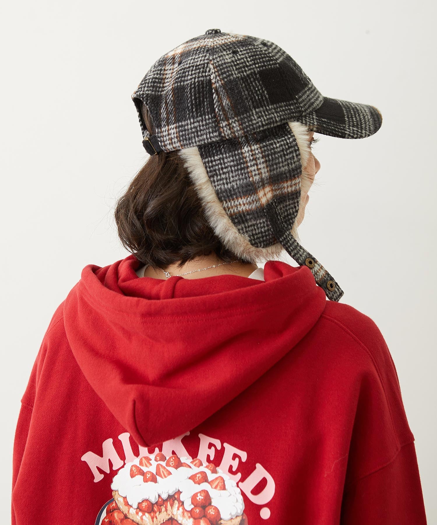 PLAID PATTERN FUR EAR FLAP