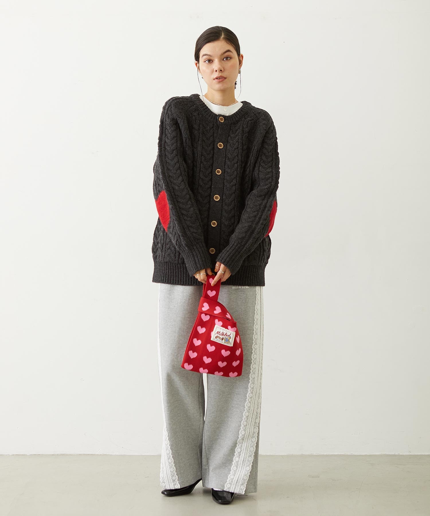 HEART ELBOW CABLE KNIT CARDIGAN