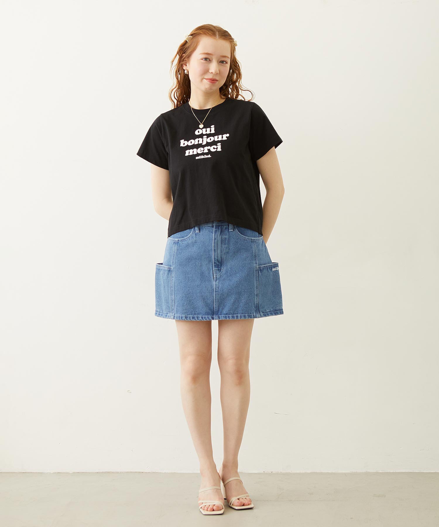 PANELED POCKET DENIM MINI SKIRT