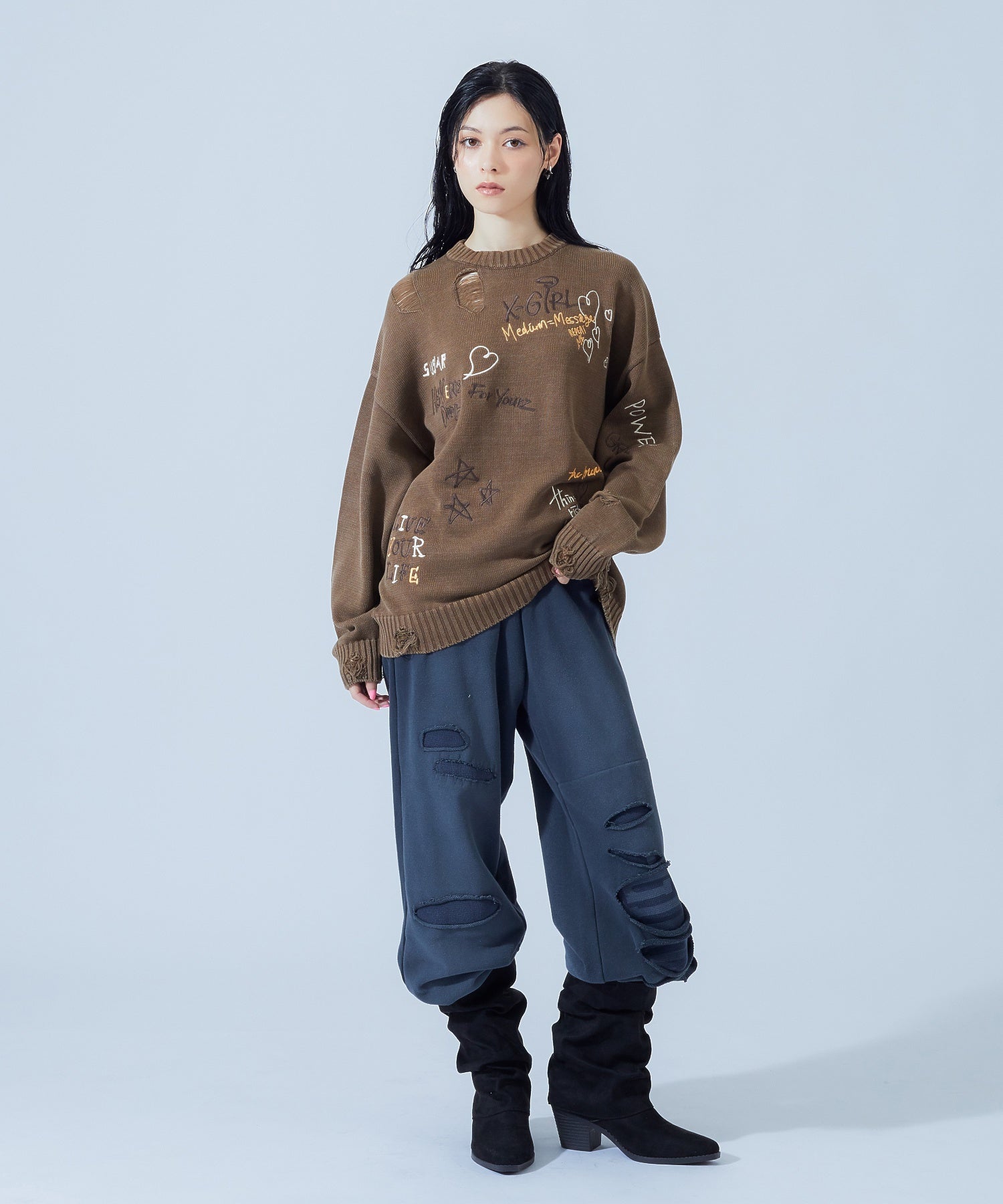 GRAFFITI LOGO DISTRESSED KNIT TOP