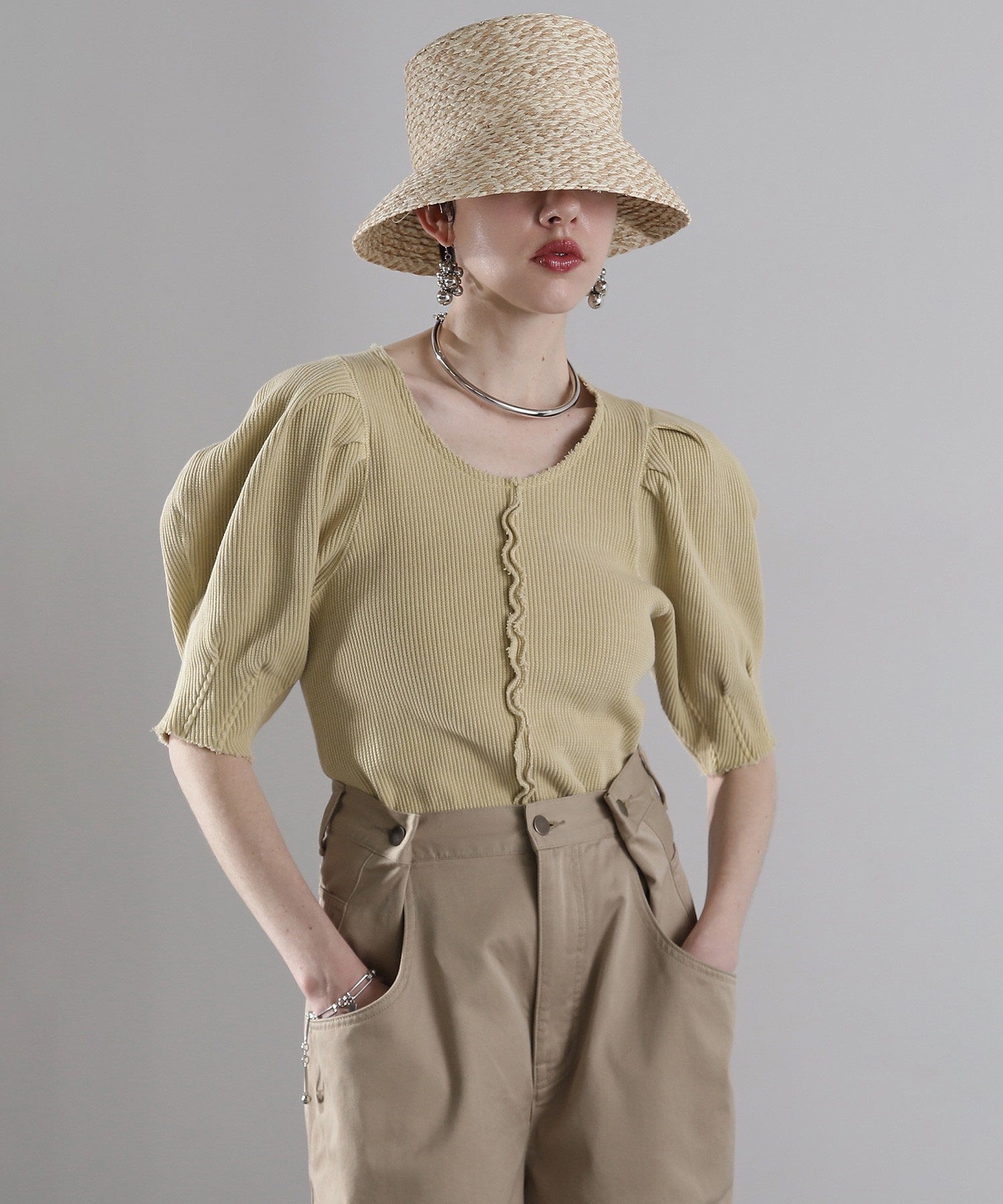 mici/ボリュームスリーブワッフルトップス