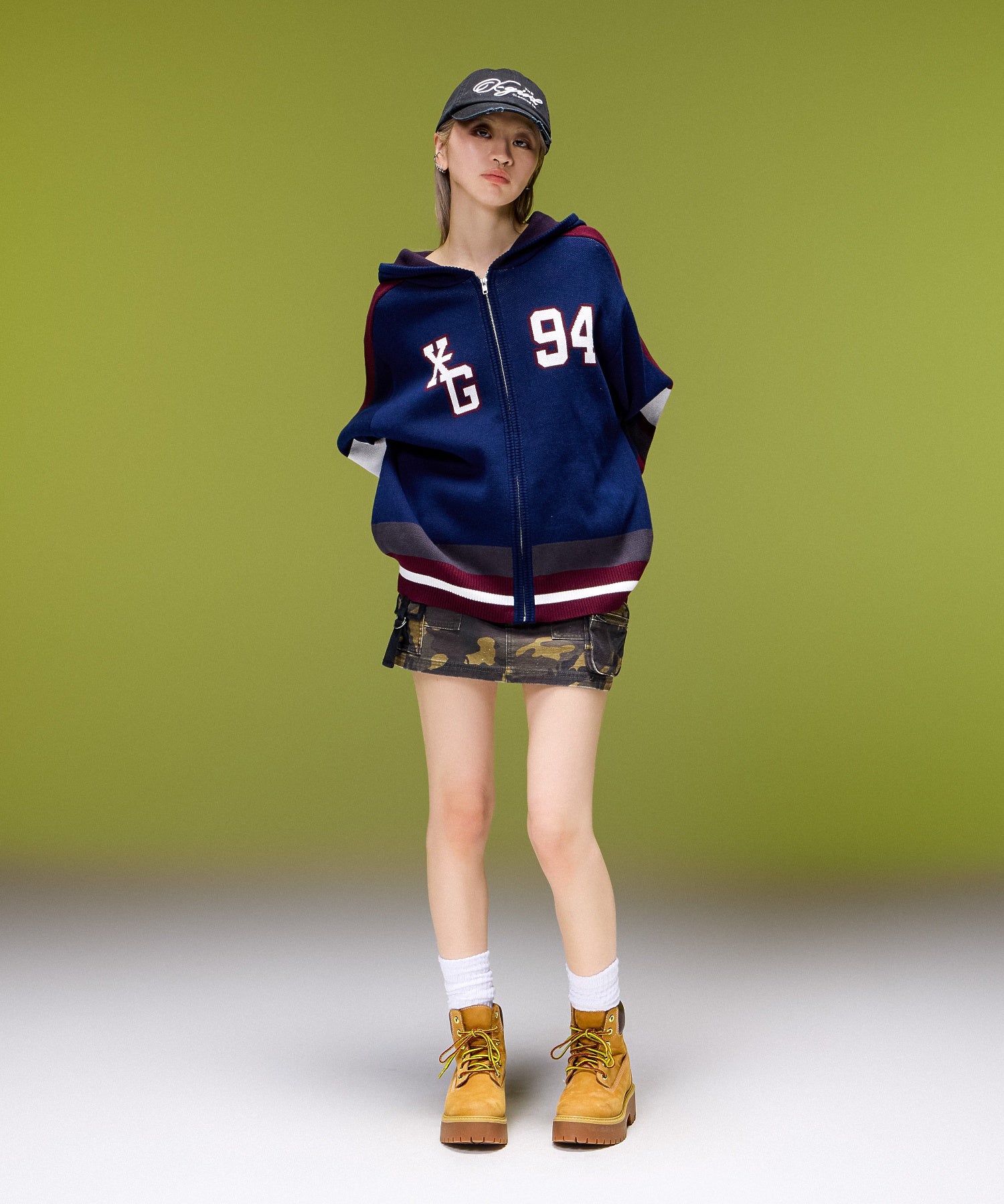 NUMBER AND LOGO JACQUARD ZIP UP KNIT TOP