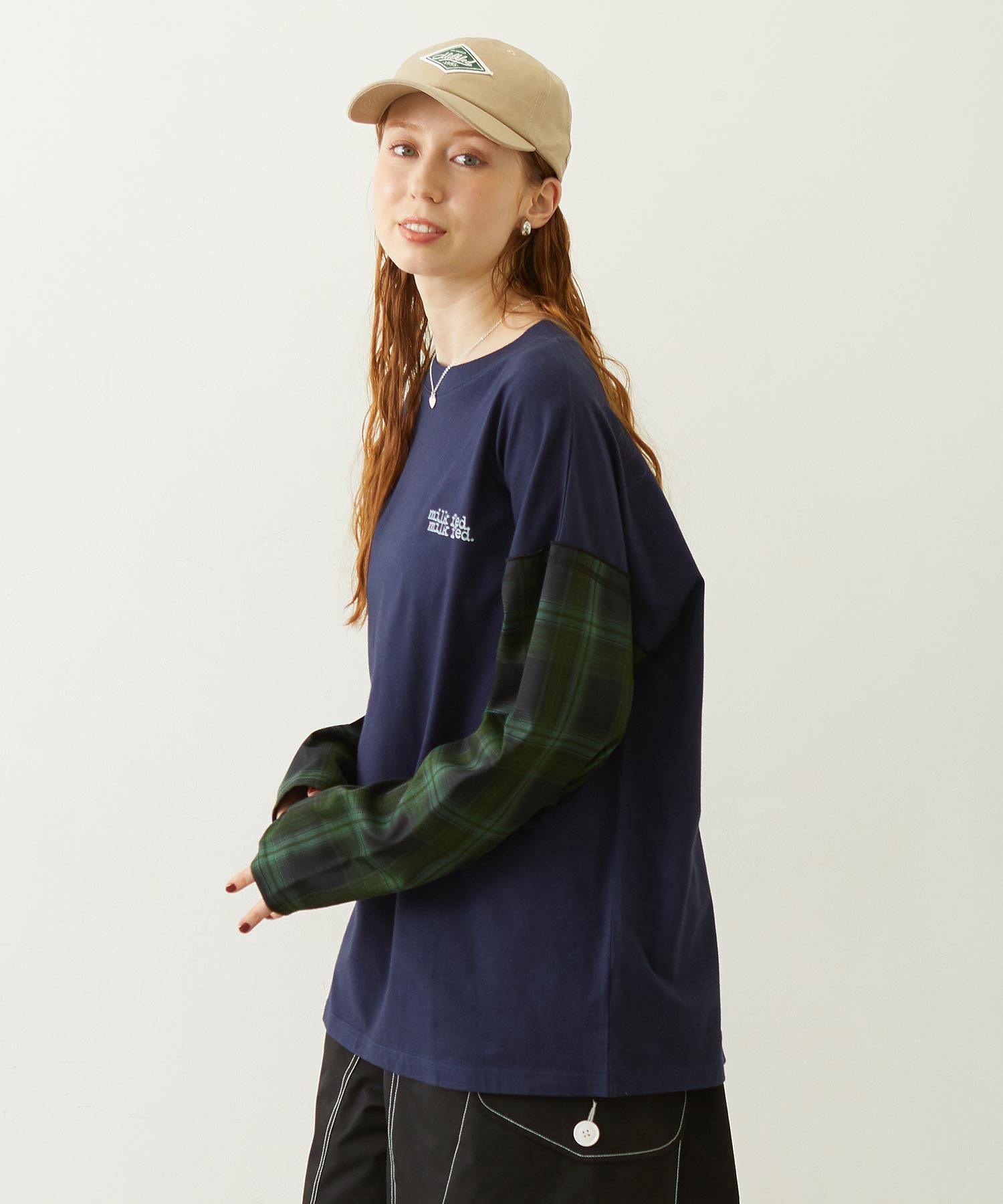 PLAID SLEEVES L/S TOP