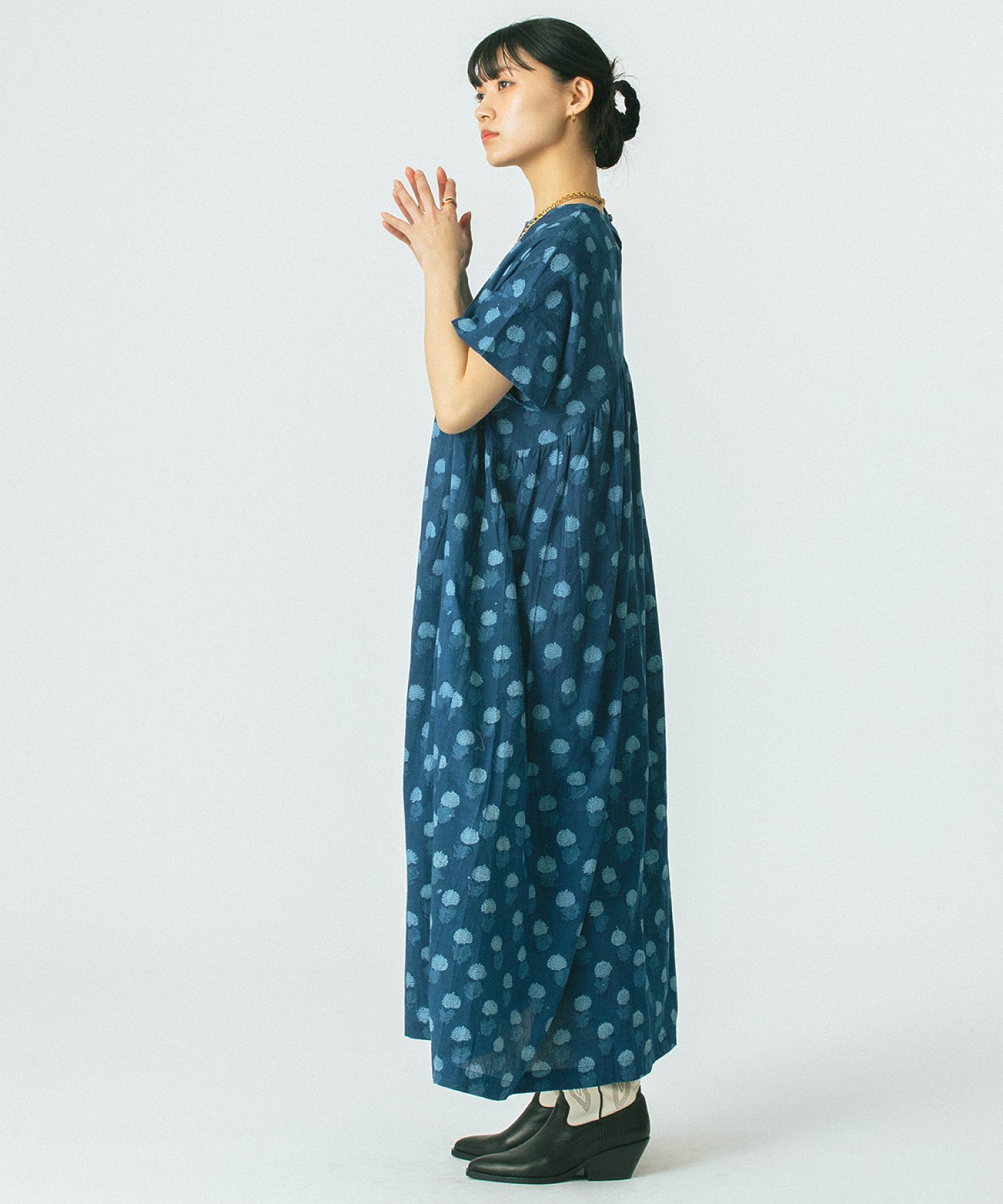 GENE HEAVENS/INDIGO FLOWER SMOCK DRESS