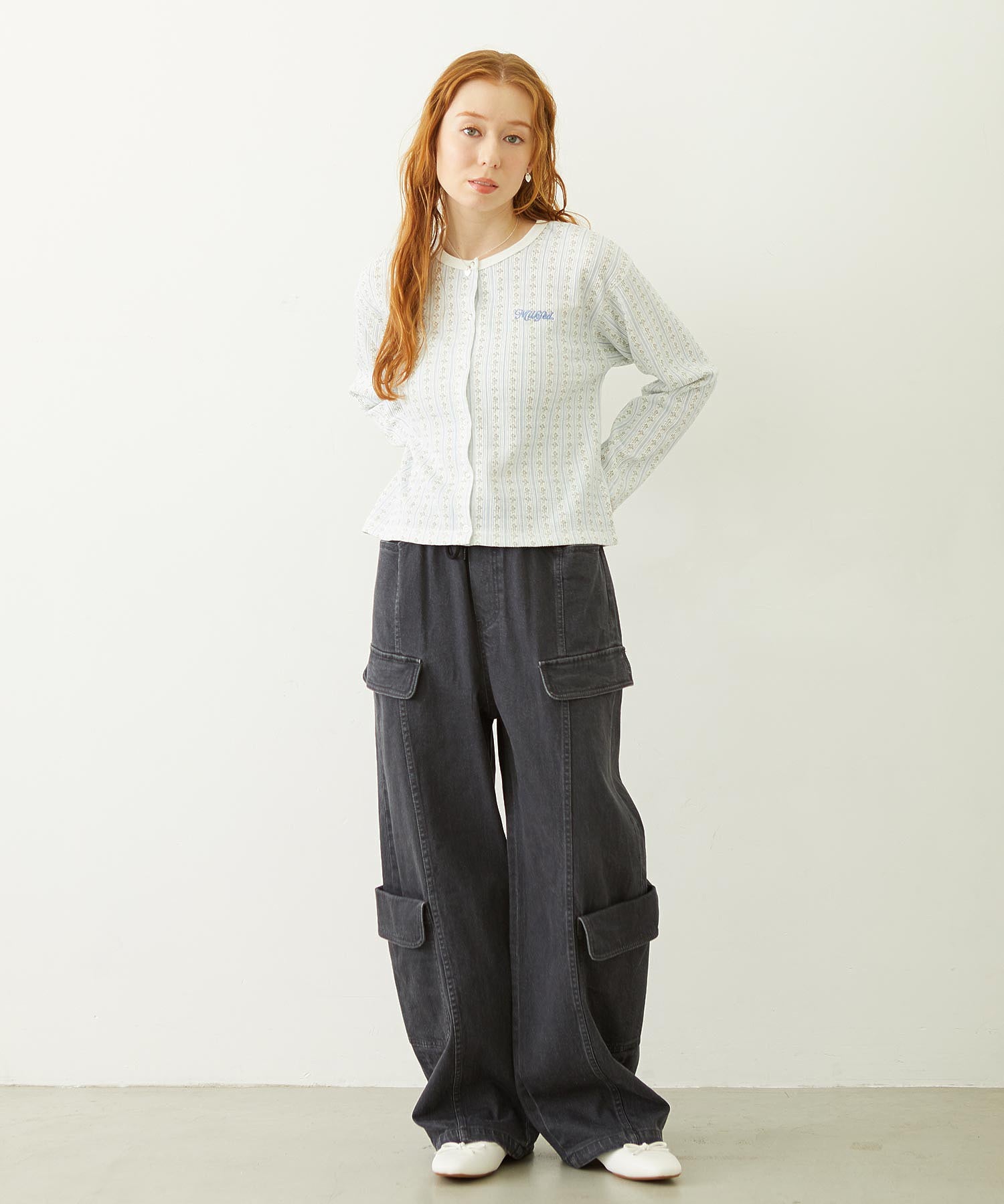 STRIPED FLOWER WAFFLE CARDIGAN