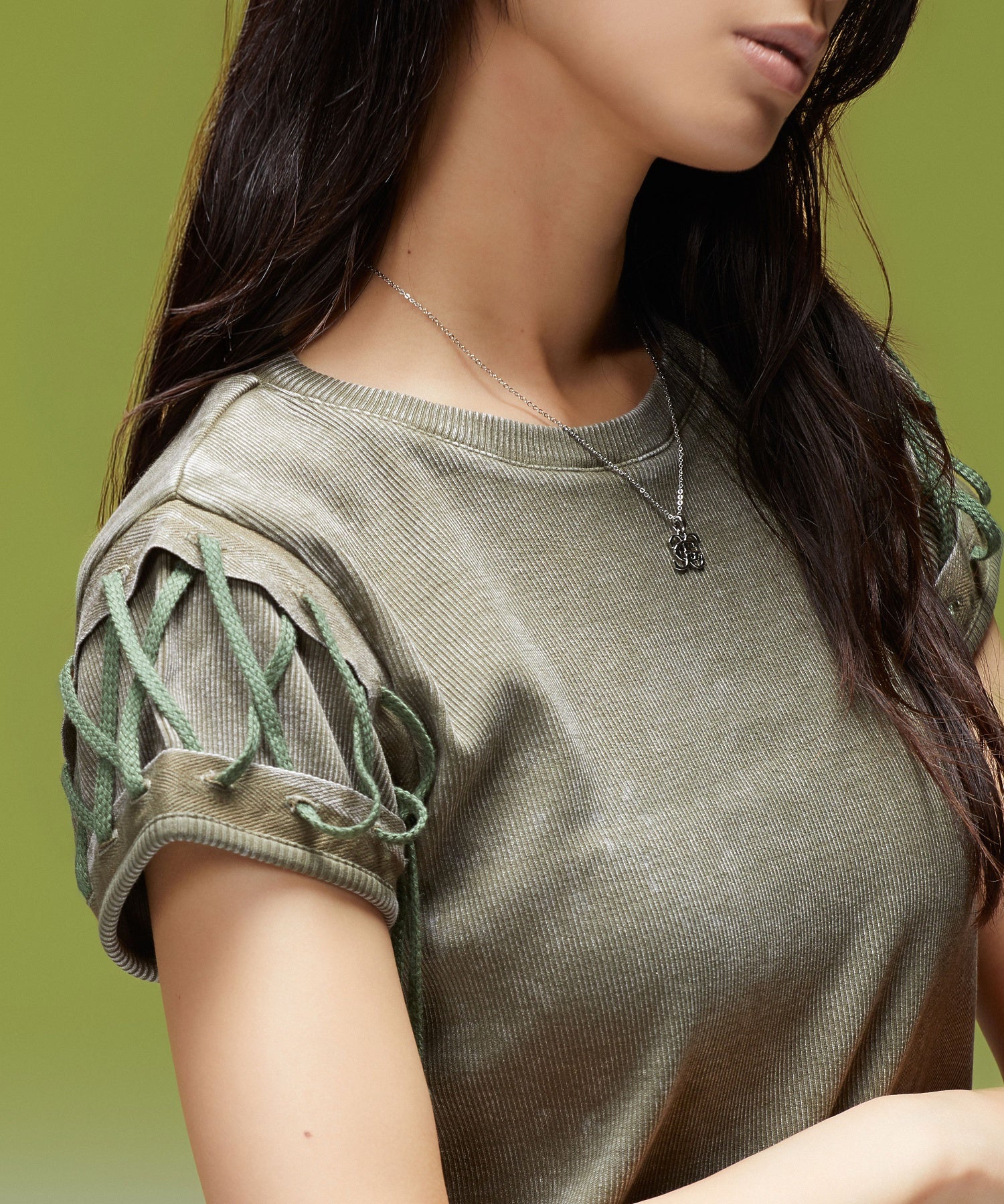 FADED LACED UP SLEEVE S/S COMPACT TOP