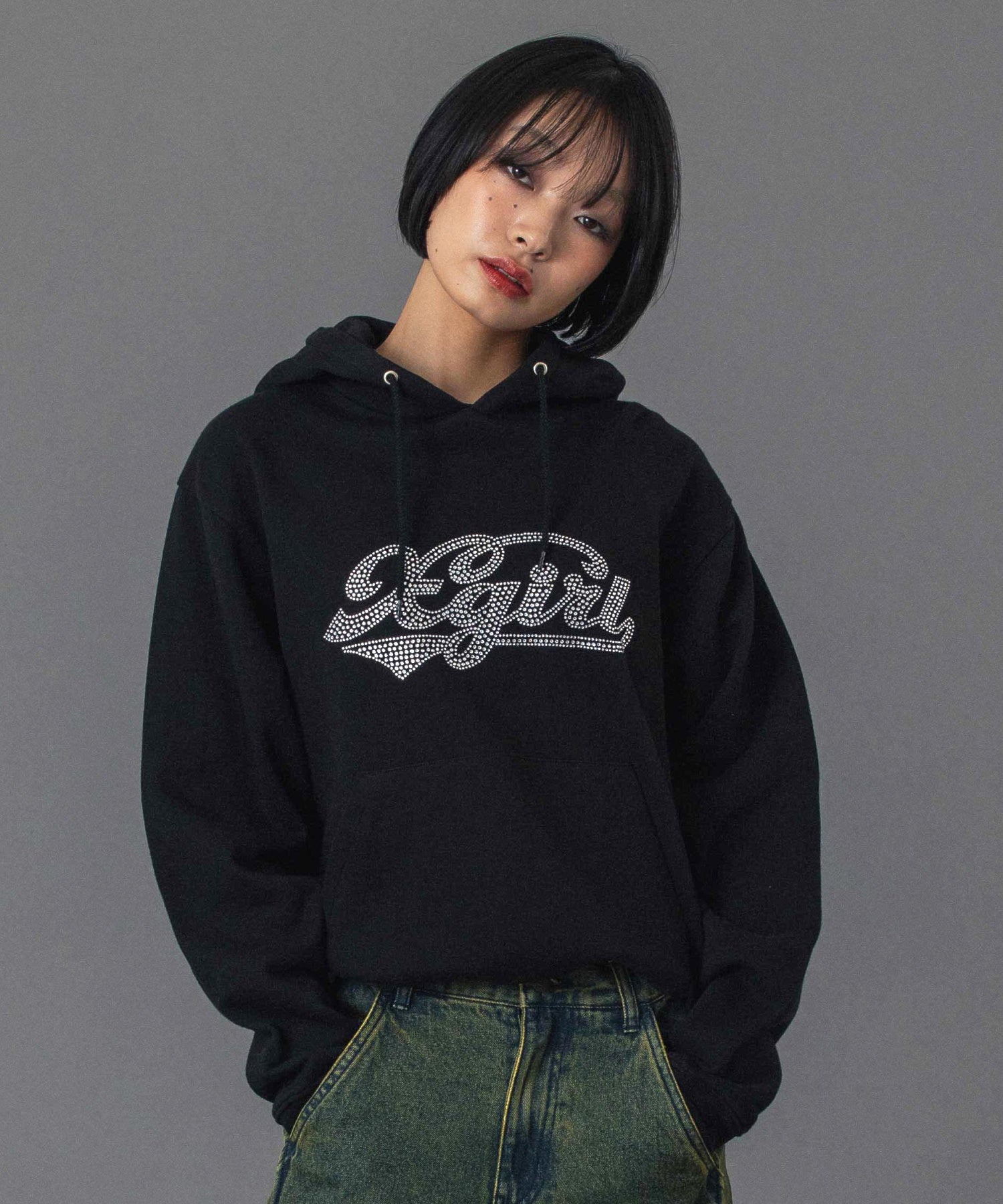 RHINESTONE CURSIVE LOGO SWEAT HOODIE
