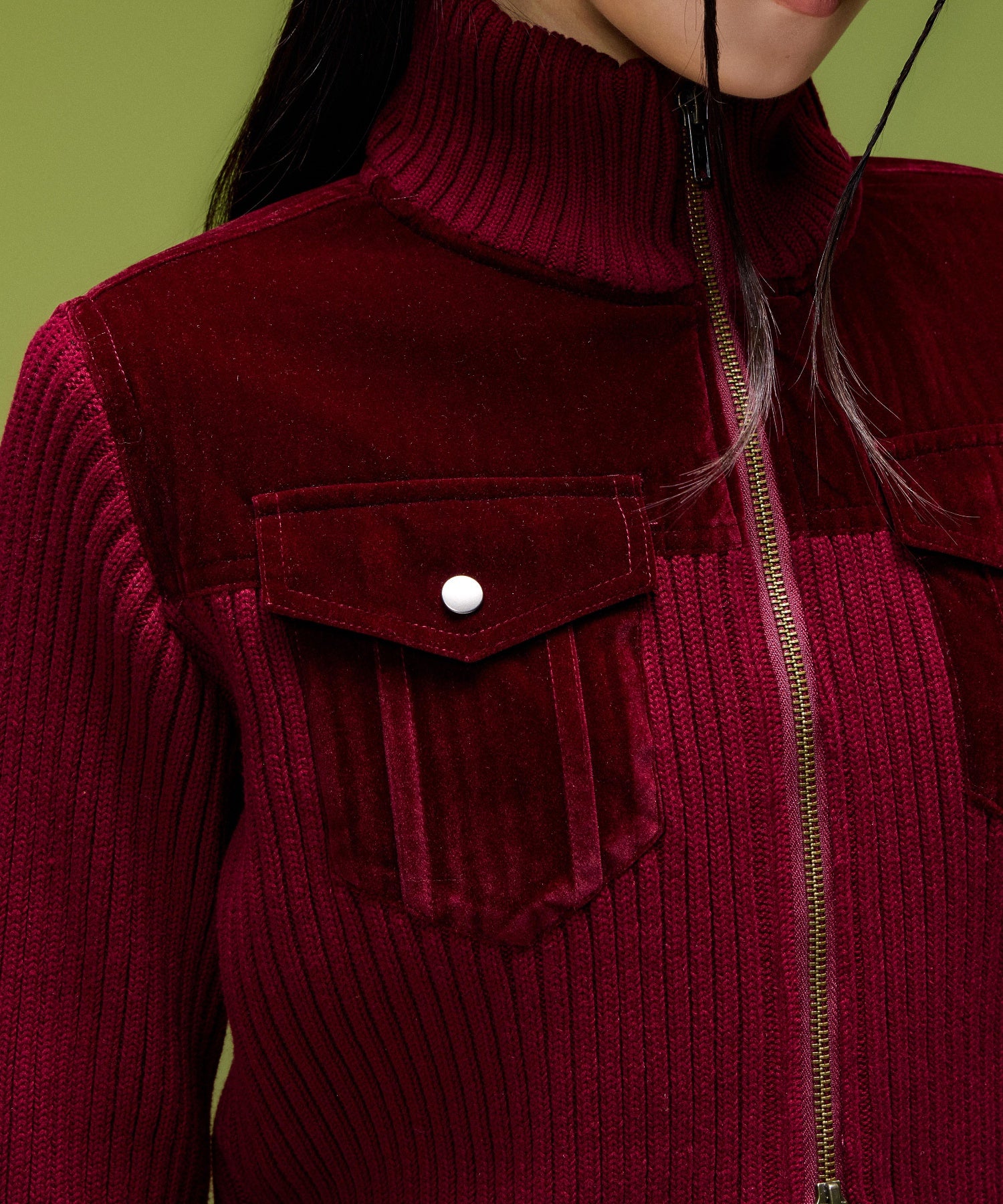 VELOUR AND KNIT ZIP UP TOP
