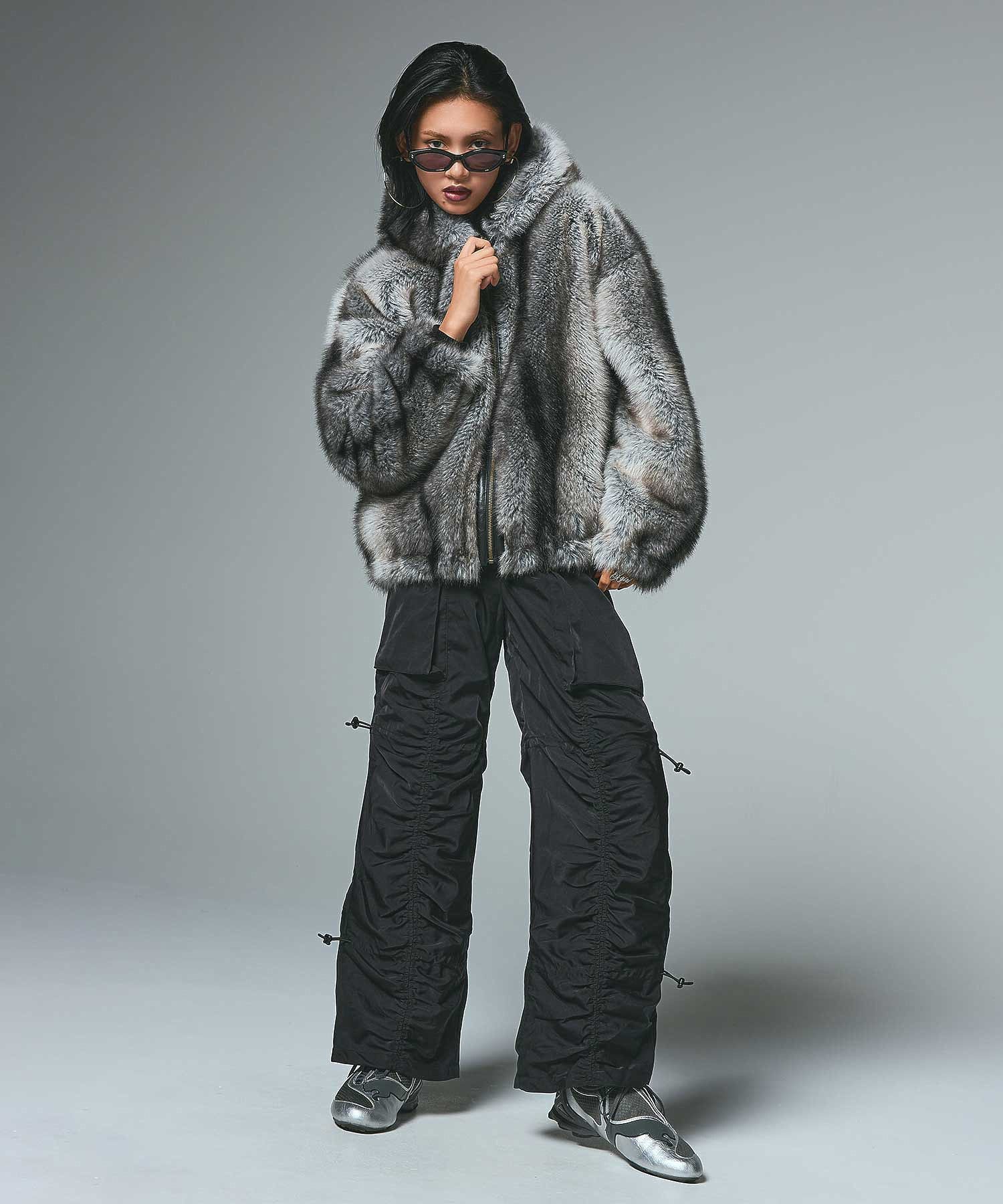 LOGO PATCHED FAUX FUR HOODED JACKET