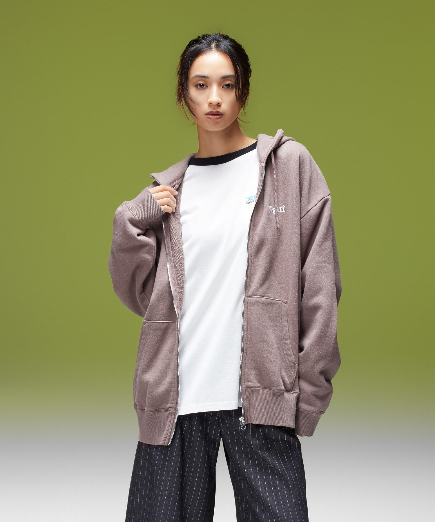 BRUSHED COLLAGE GRAPHIC FACE PATCH ZIP UP SWEAT HOODIE