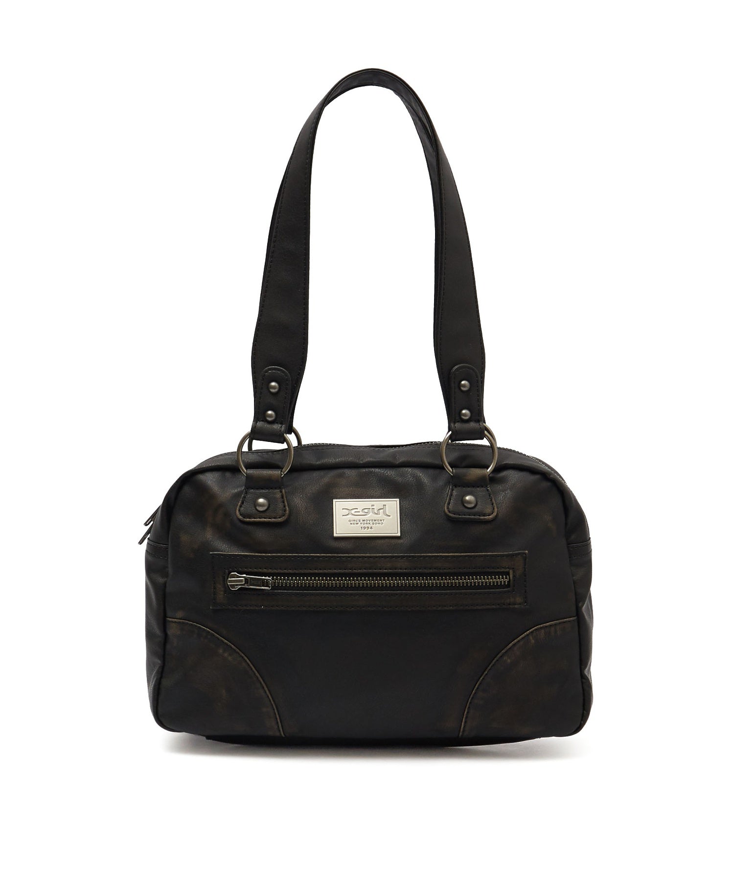 METAL LOGO PLATE FAUX LEATHER HANDBAG