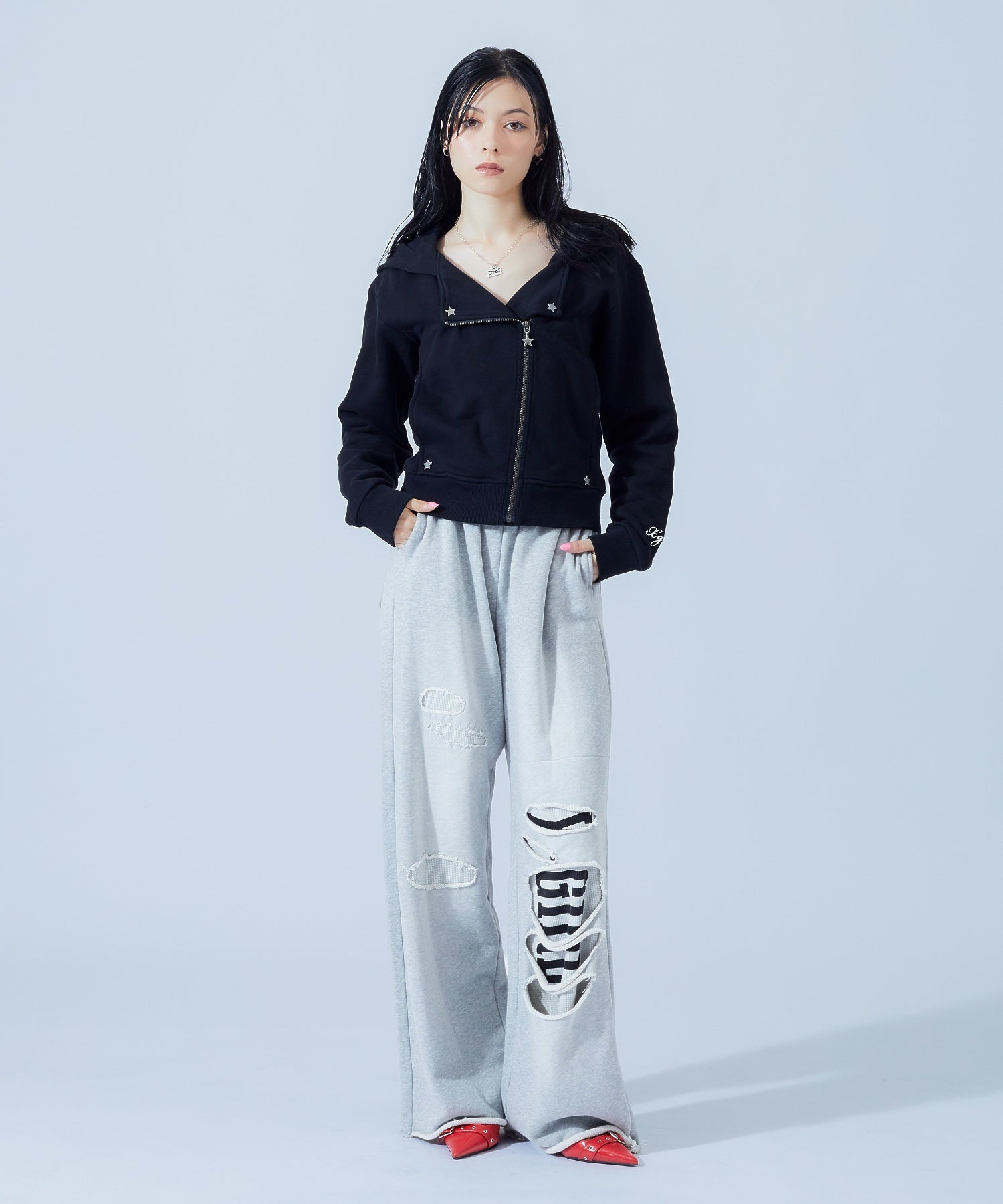DOUBLE COLLAR ZIP UP SWEAT HOODIE