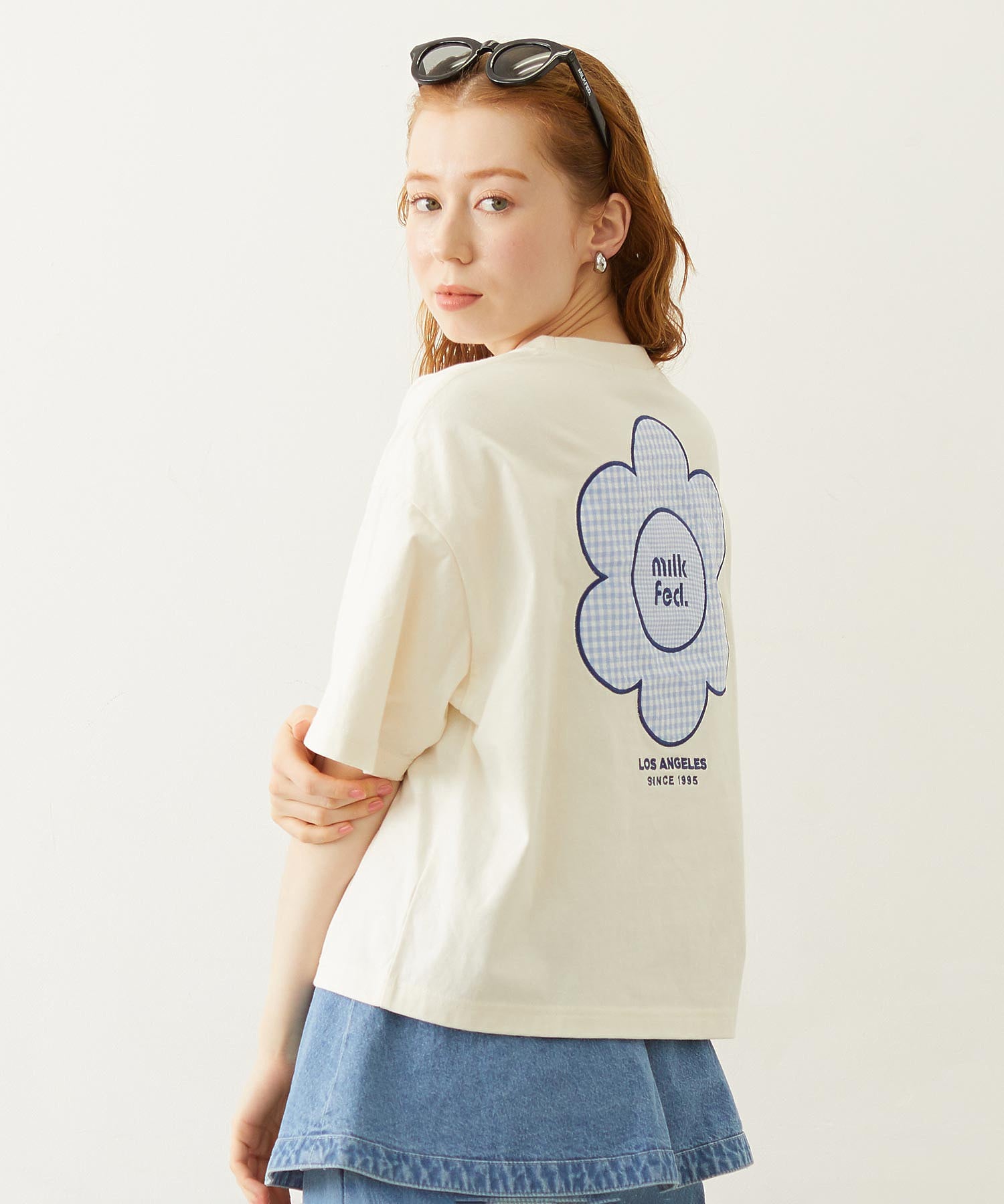 CUT OUT LOGO GINGHAM FLOWER WIDE S/S TEE