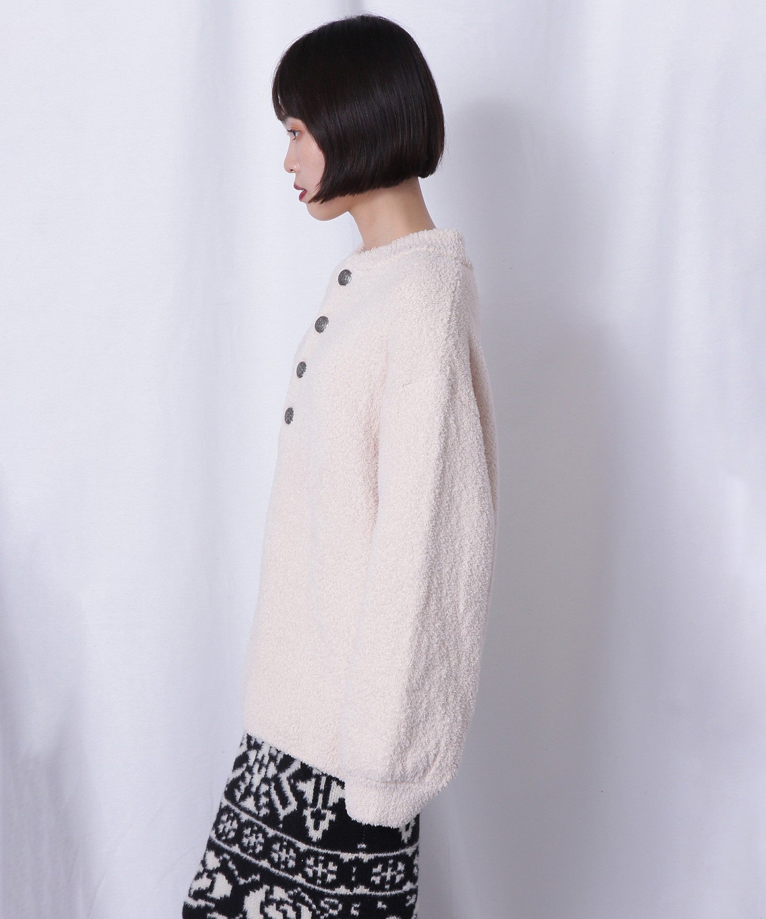 コンチョボタン モコモコ ヘンリーネックトップス