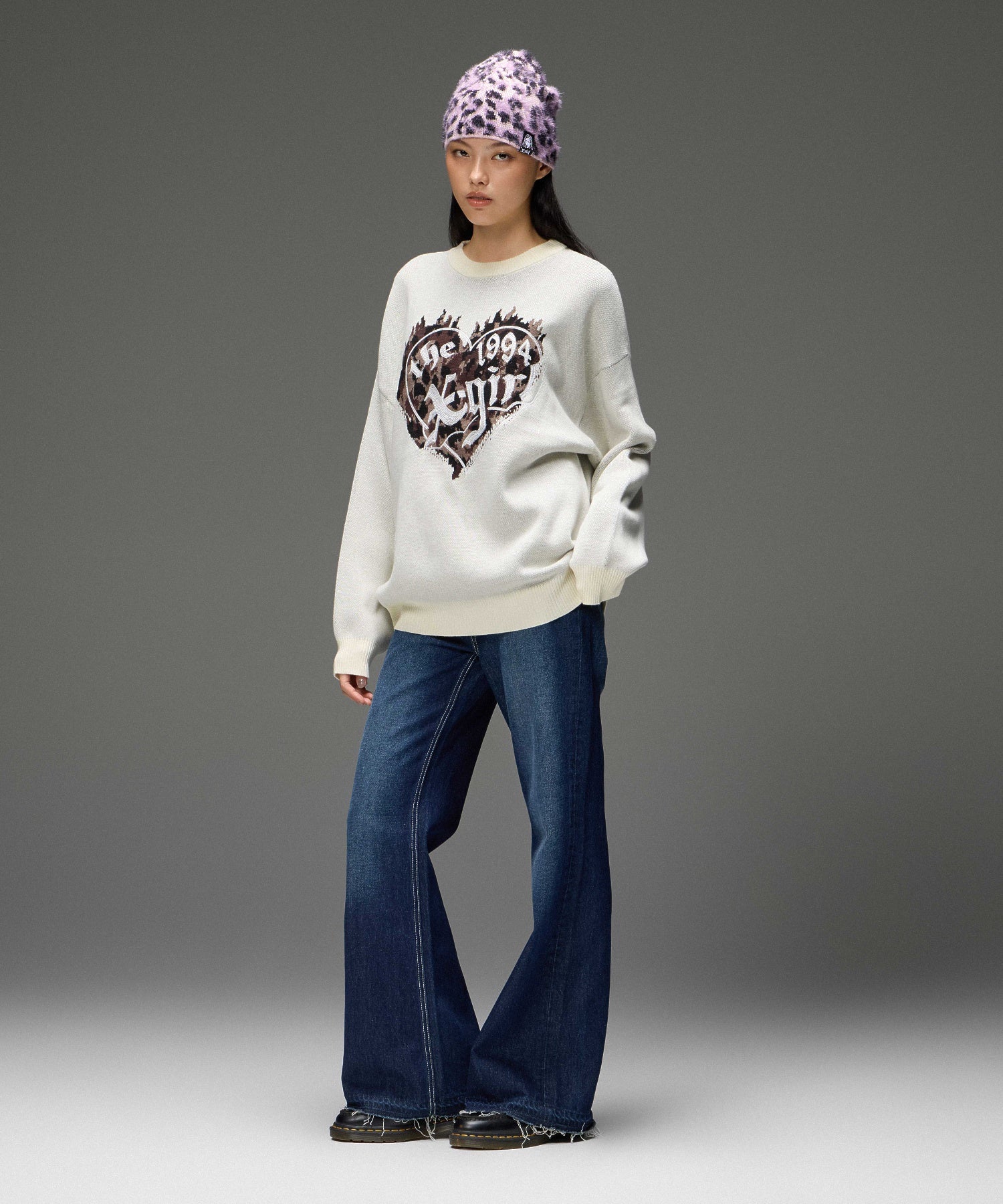 LEOPARD HEART LOGO JACQURD KNIT TOP
